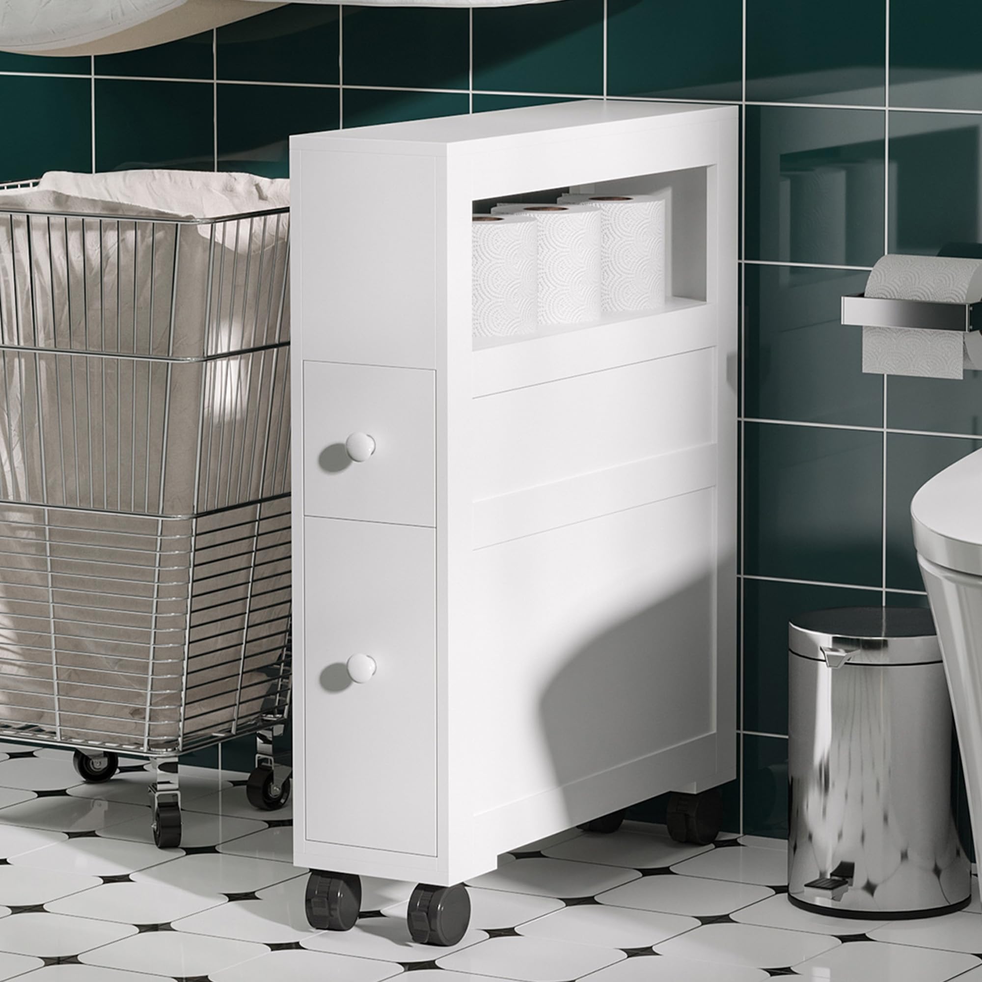 HOMCOM Armario de Baño con Ruedas Mueble de Baño Estrecho con 2 Cajones y Estante de Almacenamiento Carga 20 kg 16x52x71,5 cm Blanco