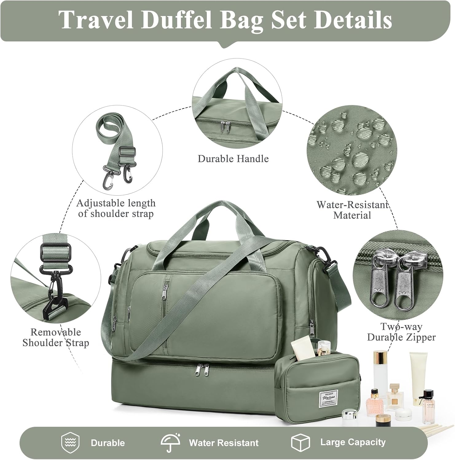 Travel Duffle Bag, Weekender Bags for Women,Overnight Weekend Carry On Personal Item Travel Bag with Shoes Compartment & Toiletry Bag,Olive Green