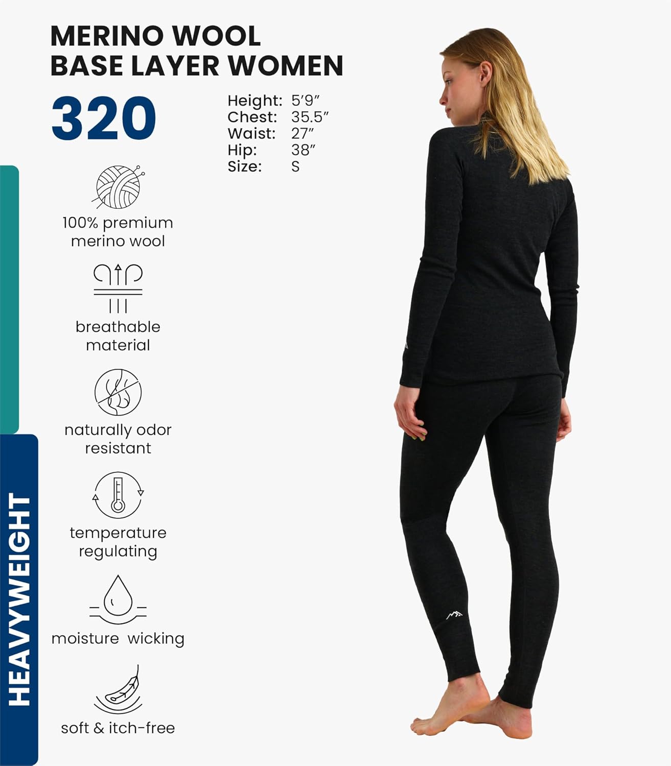 Merino.tech Women’s Merino Wool Base Layer Set - Zip-Up Heavyweight, Midweight Thermal Top & Bottom - Image 2