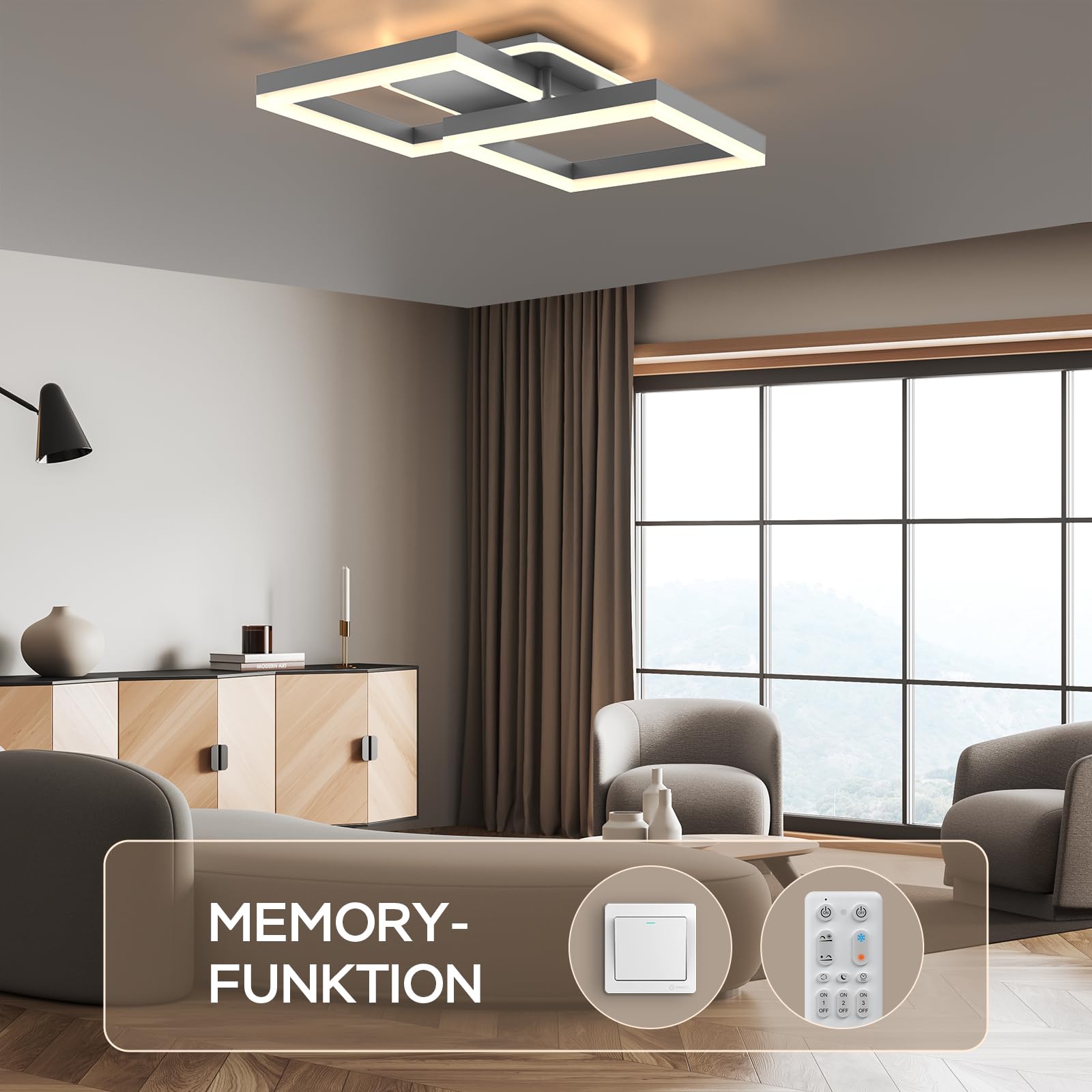 ANTENLICHT plafoniera led soffitto moderna plafoniera salotto Dimmerabile, 40W 3600LM Lampada da Soffitto, Funzione di Memoria, per Soggiorno, Camera da Letto, Sala da Pranzo, grigio 65x42x12cm