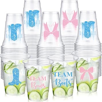 Qinyoung 50pcs Boots and Bows Gender Reveal Decorations 12 oz Pink and Blue Party Cups Boots or Bows Plastic Disposable Cups Western Gender Reveal Party Favors for Baby Shower
