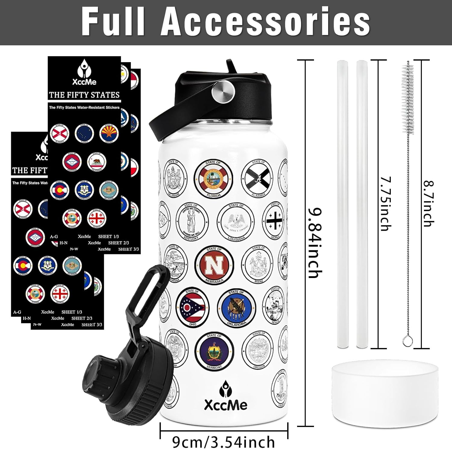 Fifty States Travel Water Bottle with Stickers and Straw,32 oz Insulated Stainless Steel Water Bottle with 2 Lids,Silicone Boot,Bucket List Travel Water Cup Sealed and Leak Proof (white) - Image 3