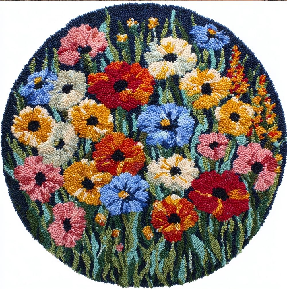 kitphoenix Latch Hook Rug Kit, Meadow Bloom 20X20Inch (50X50Cm) DIY Latch Hook Colorful Rug Making Kit for Adults, Colorful Cross Stitch Kit Carpet Making Cushion Needlework for Beginners, Home Decor