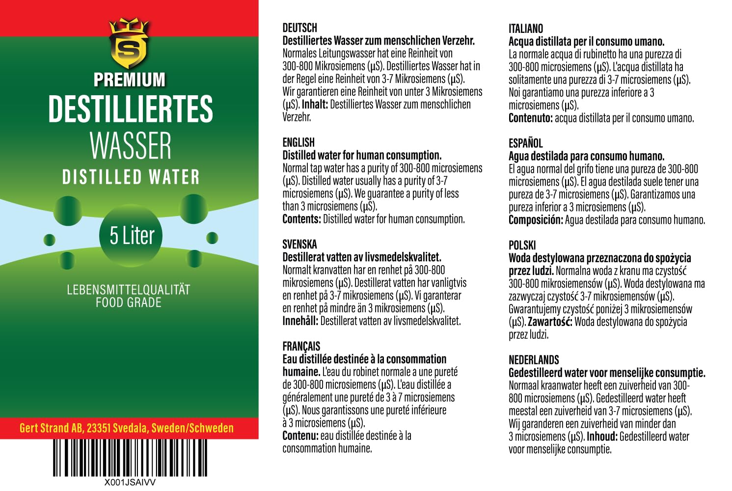 Destilliertes Wasser 5 L | hoher Reinheitsgrad von 2 Mikrosiemens | Reinstwasser | zum Trinken und Kochen geeignet | geschmacksneutral | keim- und chlorfrei