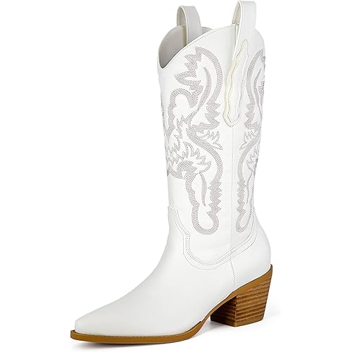 Ouepiano Women's Western Cowboy Embroidered Mid Calf Boots, Almond Pointed Toe 6cm Medium Chunky Heel Pull Tab Fashion Cowgirl Boots