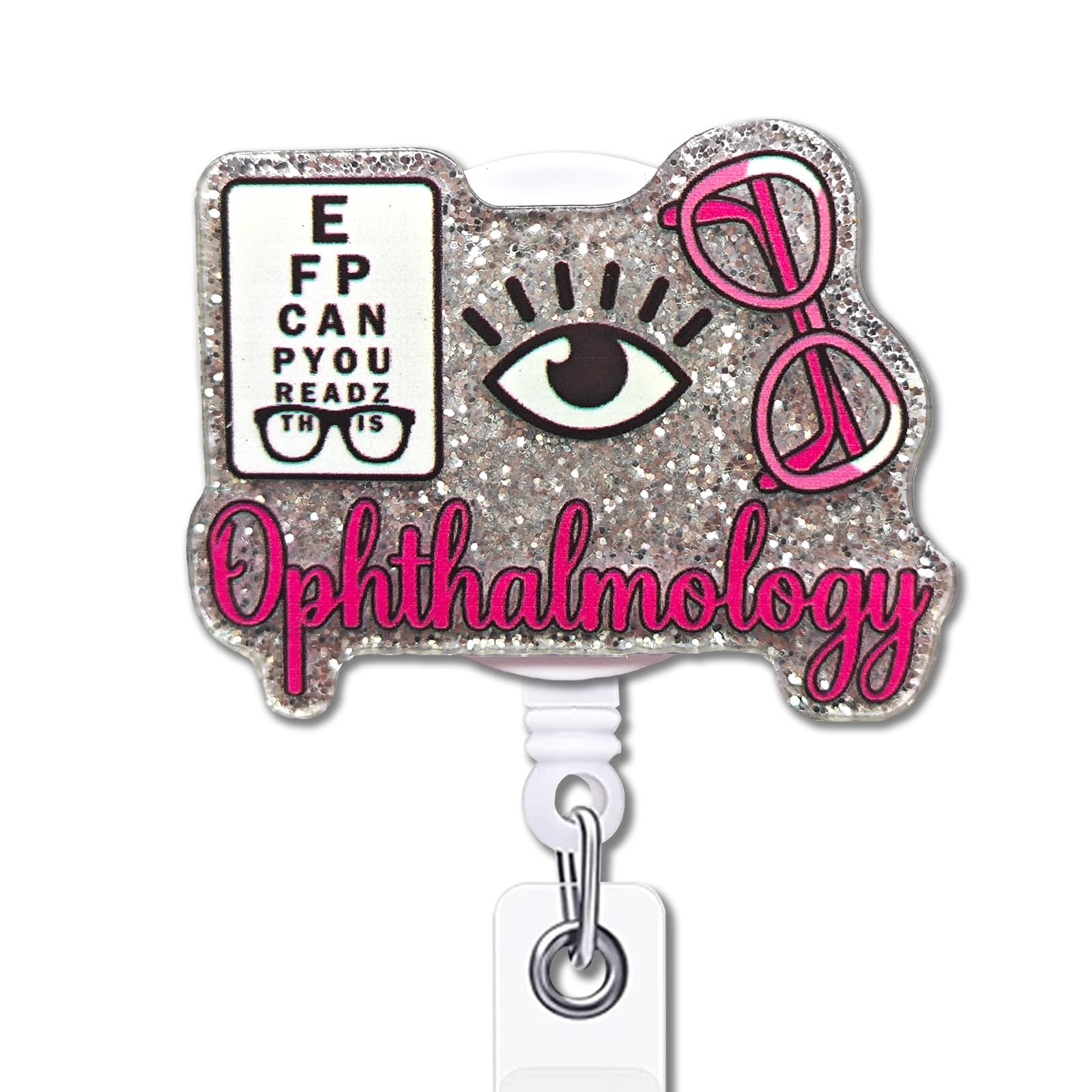 YAZMEEN Nurse Retractable Badge Reel with Alligator Clip Ophthalmology ID Card Badge Holder Funny Silver Glitter Badge Reel Gift for Optician