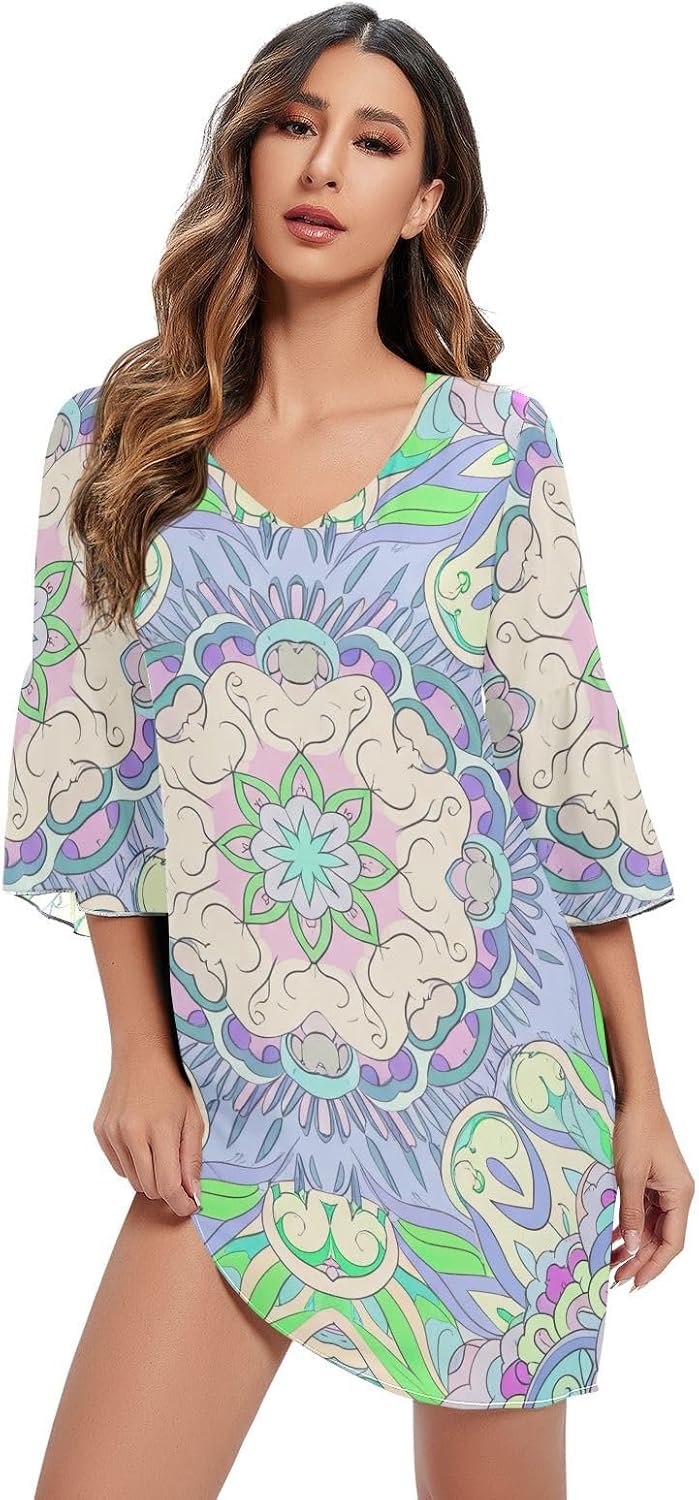 Arabesque Green Purple Short Dress 3/4 Sleeve Summer Dresses Party S-XXL