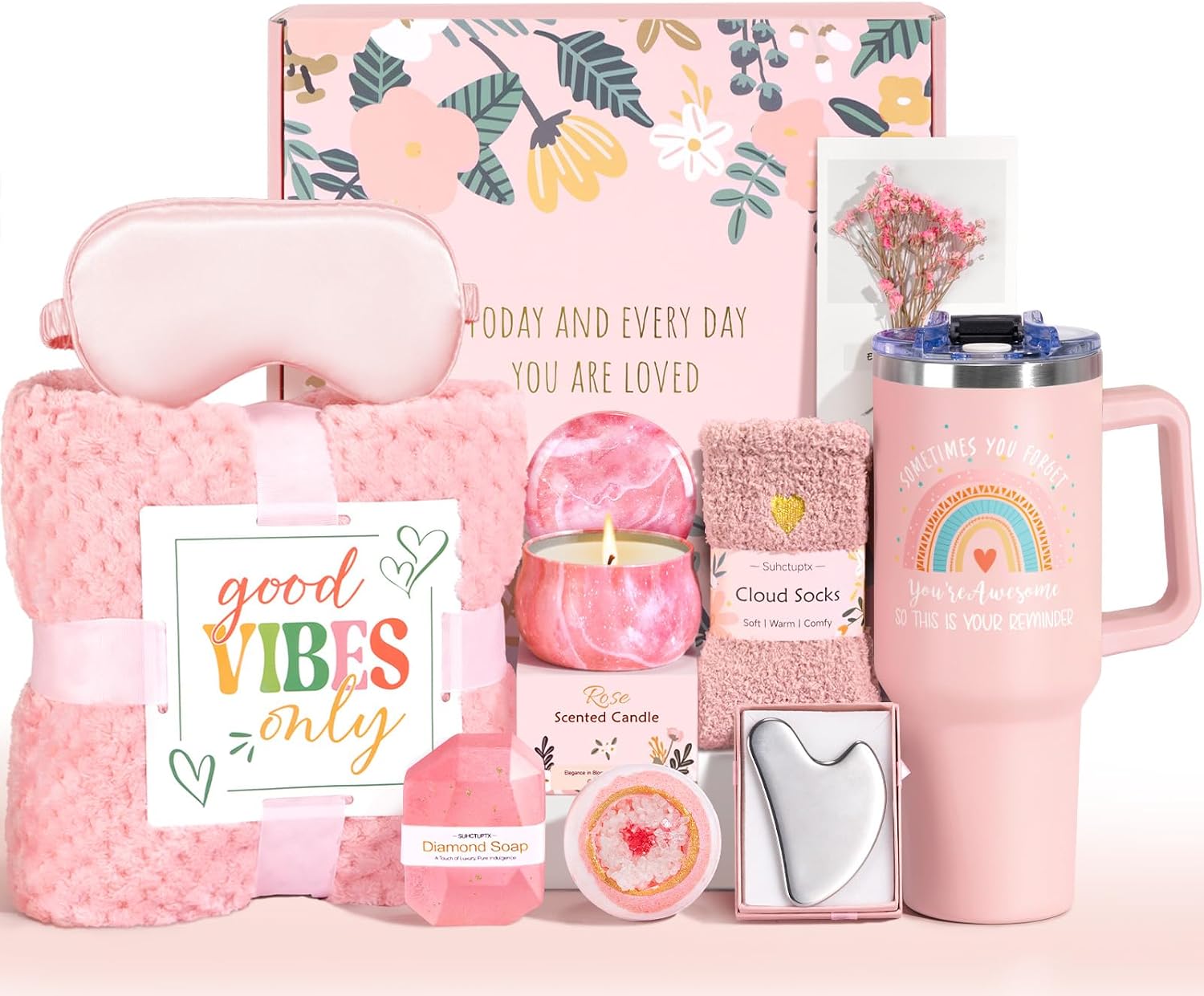 Birthday Gifts for Women Self Care Gifts Get Well Soon Gifts, Relaxing Spa Gifts Basket Care Package w/Luxury Flannel Blanket 40 oz Tumbler, for Her Wife Mom Friends Sister