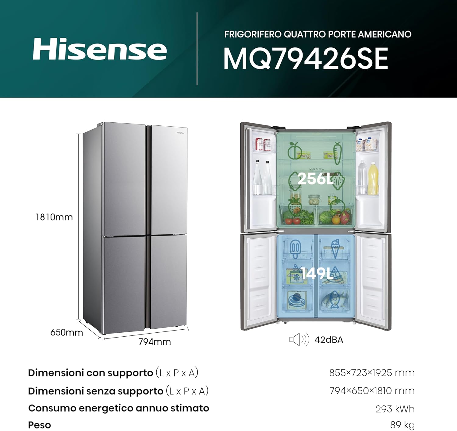 Hisense MQ79426SE Frigorifero Americano Quattro Porte, Grande capacità 427 litri, Finitura Argento, Total No Frost, Classe E, Illuminazione LED, Sistema Multi Air Flow, Holiday mode Classe E 427 litri Inox - Immagine 3