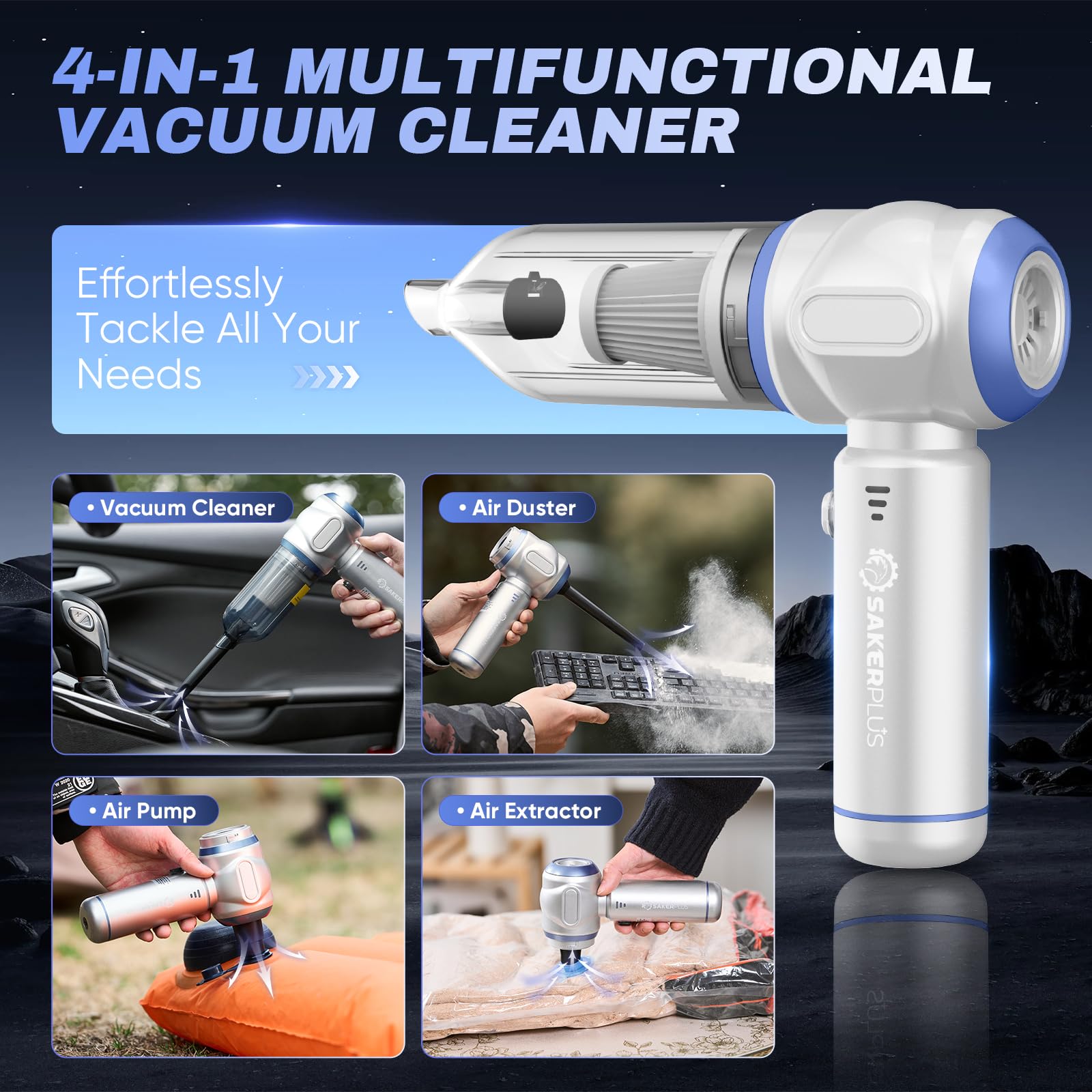 SakerPlus Aspiradora portátil inalámbrica 3 en 1 de mano mini aspiradora de mano 17500PA aspiradora de mano de alta potencia, plumero de aire, soplado, inflado, desinflado, perfecto para coche