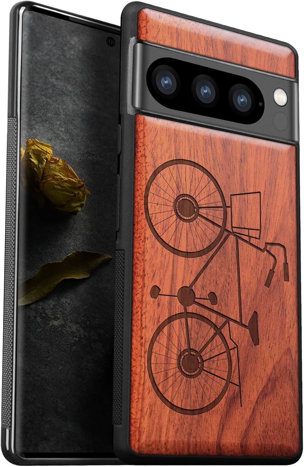 Carveit Wood Case for Pixel 8 Pro Case [Natural Wood & Black Soft TPU] Shockproof Protective Unique Wooden Cover Compatible with Google Pixel 8 Pro (Bicycle Silhouette-Rosy)