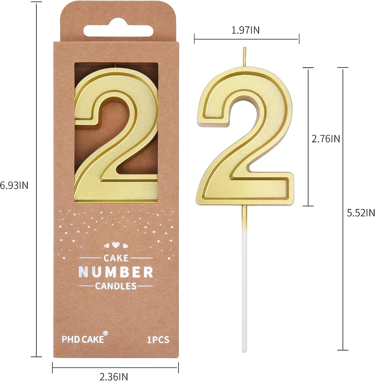 PHD CAKE 2.76 Inch Luxe Gold 2 Number Birthday Candles, Gold Number Candles, Cake Number Candles, Party Celebration image 4