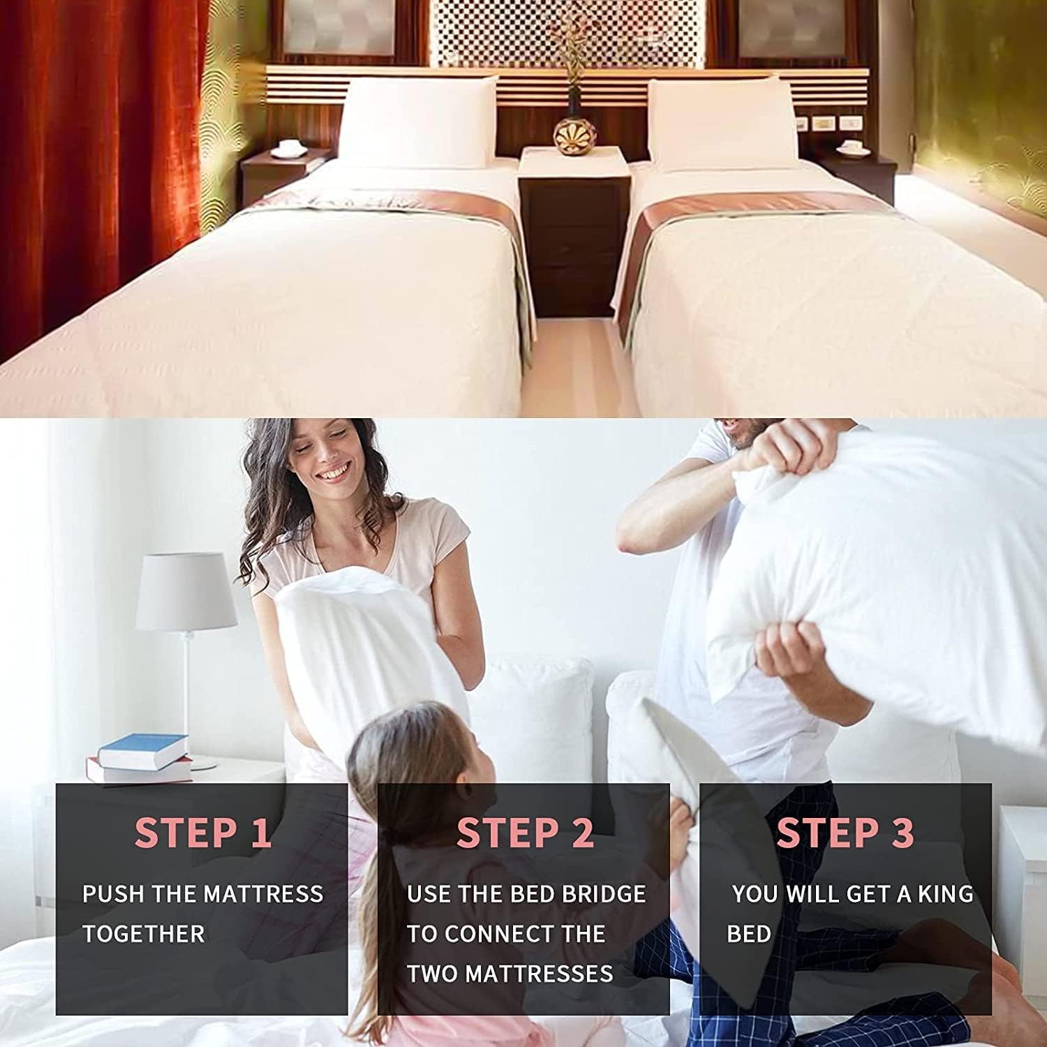 Home Bed Bridge, Twin to King Mattress Connector Converter Kit with Split King Bed Ga-p Filler Mattress Connector Adjustable Strap with Anti Slip Dual Loop Design to Create King and Queen (Black)