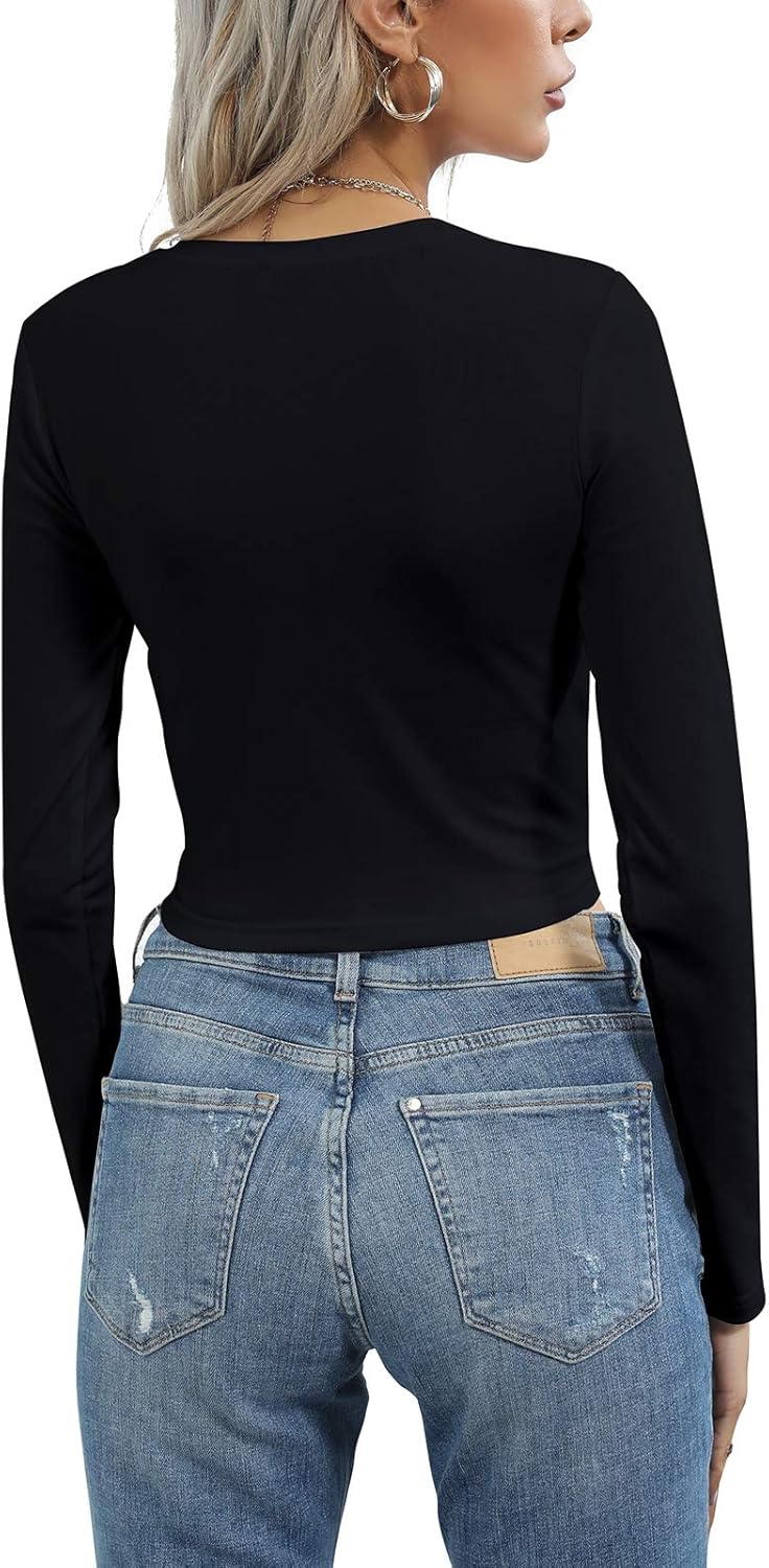 Women's Long Sleeve Crewneck Crop Top Sexy Slim Fitted Cotton T Shirt - Image 6