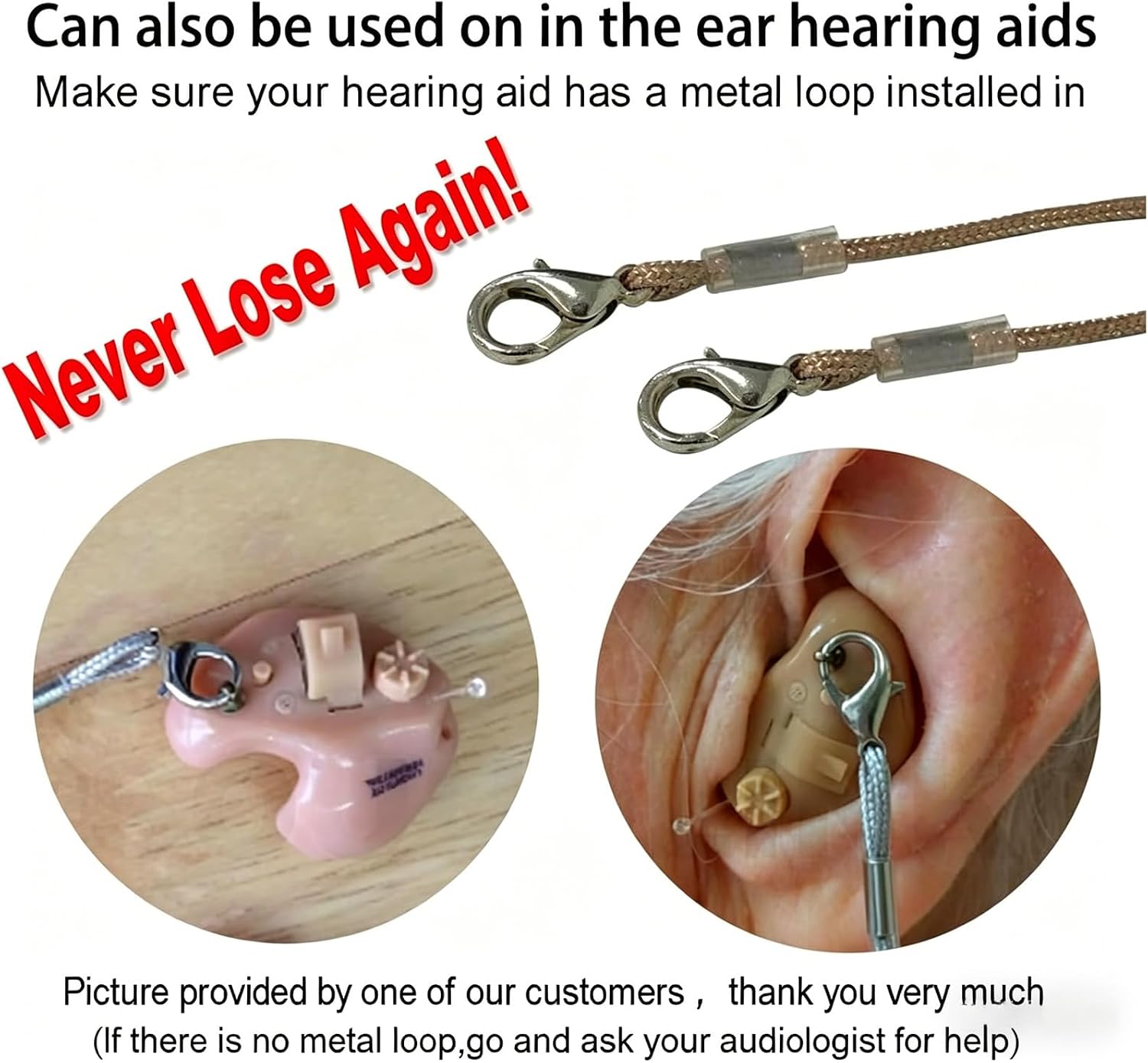 4-Pack Monaural Hearing Aid Clips with Case, Grey | Adjustable Lanyard, 12 Silicone Rings (3 Sizes), For BTE RIC ITC, Seniors Adults Kids