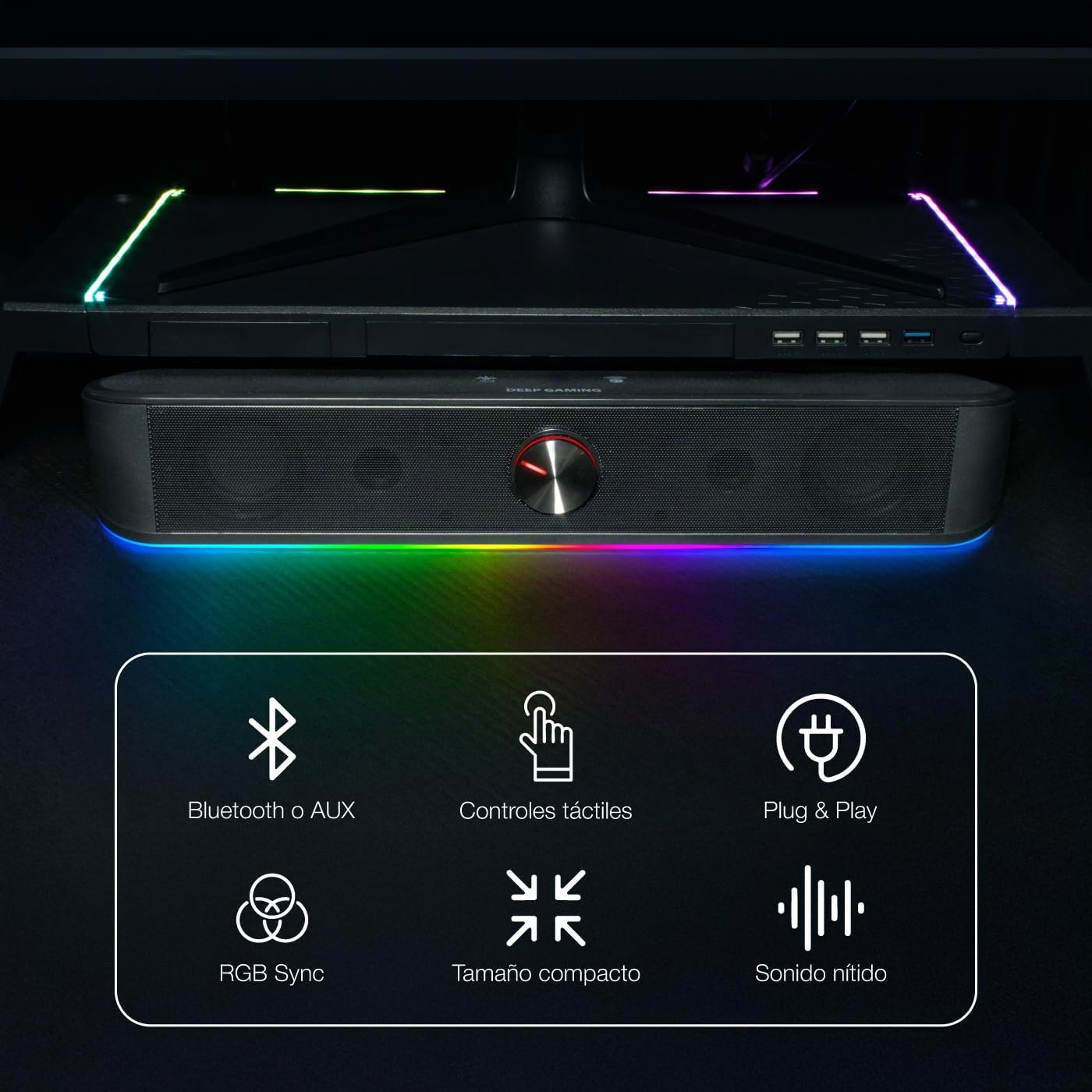 CoolBox DeepGaming Barra Sonido PC con Iluminación RGB R200B - Altavoces PC Gaming Estéreo 2.0, 6 W RMS, Entrada 3,5 mm Jack + Bluetooth 5.0, para PC, Ordenador Portátil, TV - Negro