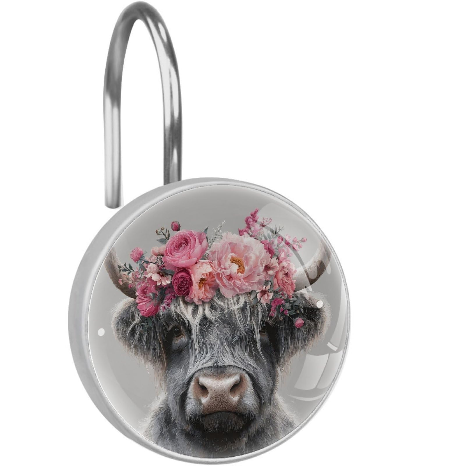 VAPOKF Decorative Shower Curtain Hook: Highland Cow Flowers Rustproof Stainless Steel Shower Curtain Ring for Bathroom - Shower Curtain Hook & Hangers - Set of 12