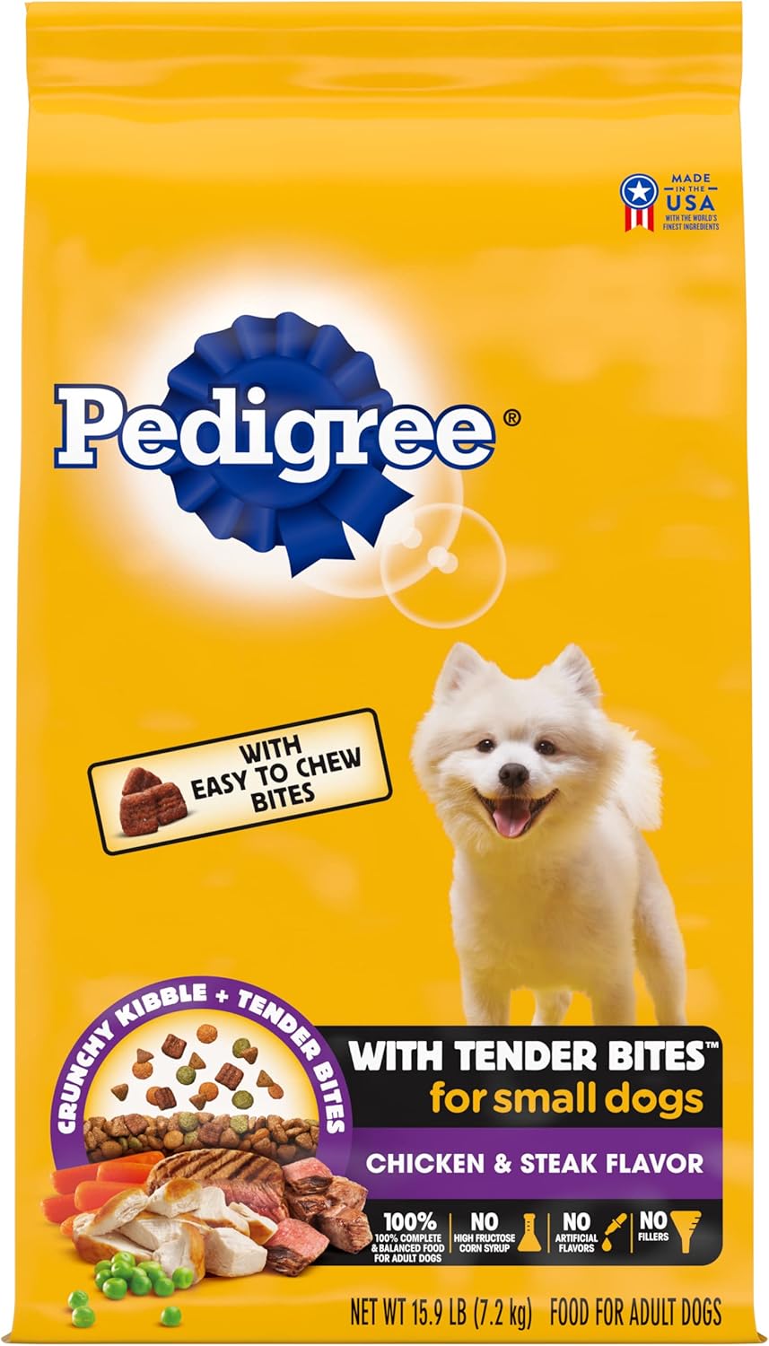 Pedigree with Tender Bites Small Dog Complete Nutrition Small Breed Adult Dry Dog Food, Chicken & Steak Flavor Dog Kibble, 15.9 lb. Bag