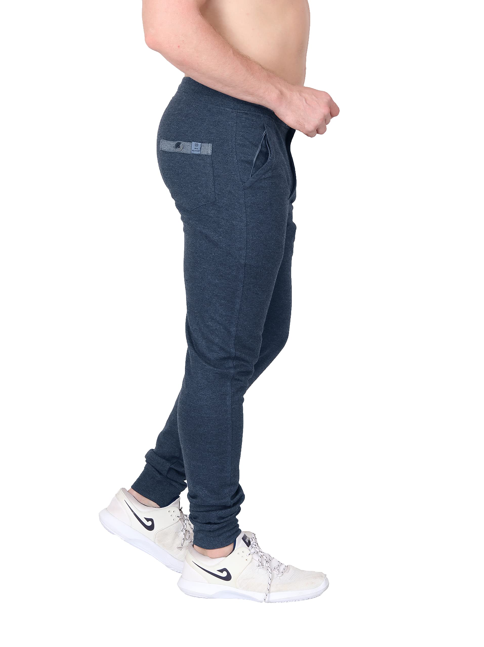 Big Button Męskie spodnie dresowe z bawełny slim fit - otwarty guzik z przodu, uchwyt na kostkę, bawełniana dzianina