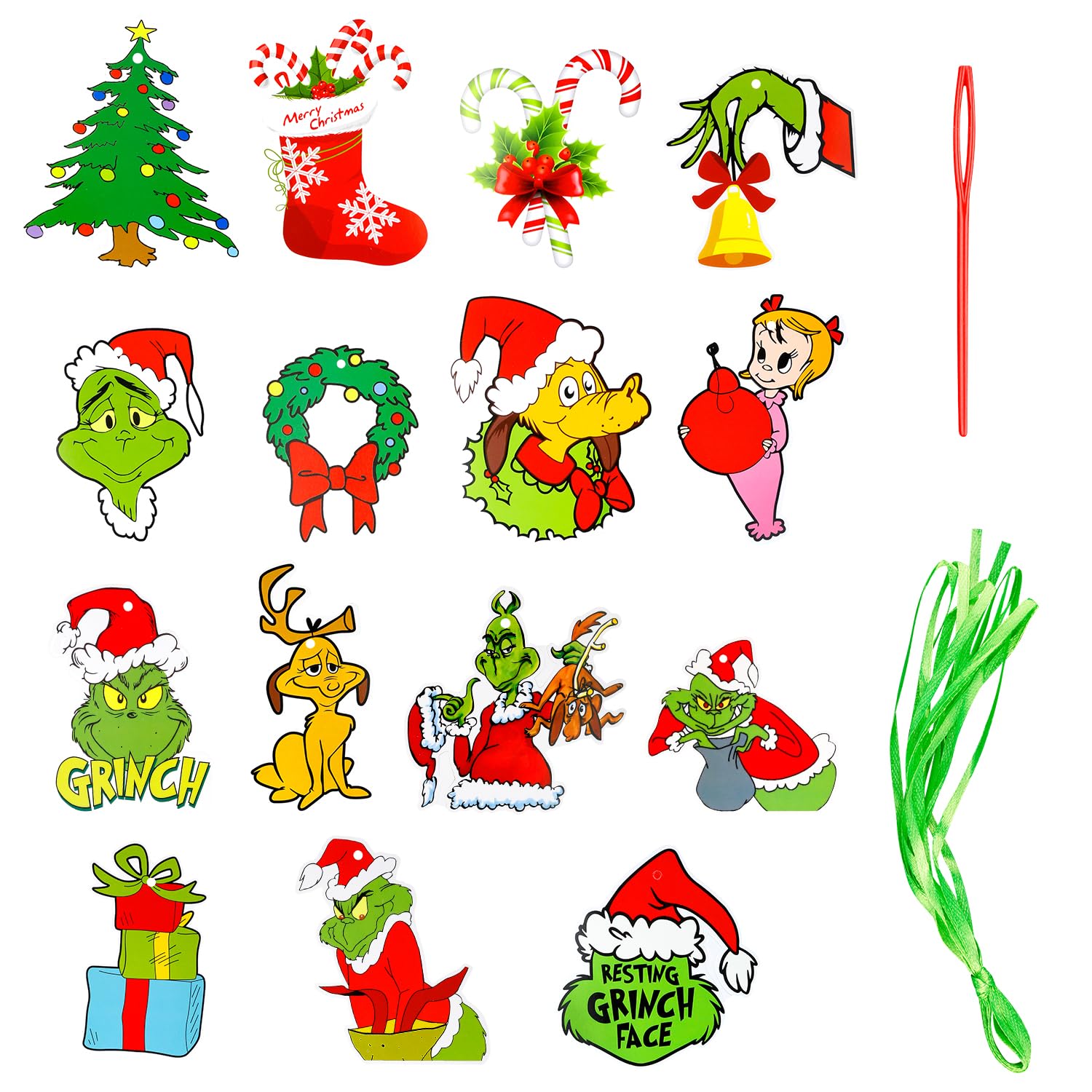 Rumyve 15pcs Christmas Hanging Ornaments,Grinch Pendants,Cute Paper Cutouts Hanging Sign Decor for Hanging on Xmas Tree, Winter Holiday Party Supplies