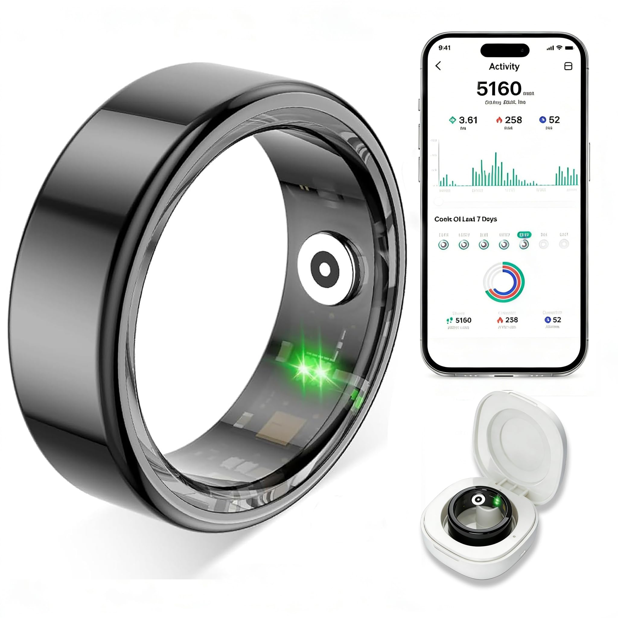 Smart Ring für Damen Herren, Fitness Tracking Ring mit Herzfrequenz, Schlafüberwachung, Schrittzählung für iOS und Android, Keine Abonnementgebühr, IP68 wasserdicht(Schwarz, 9)