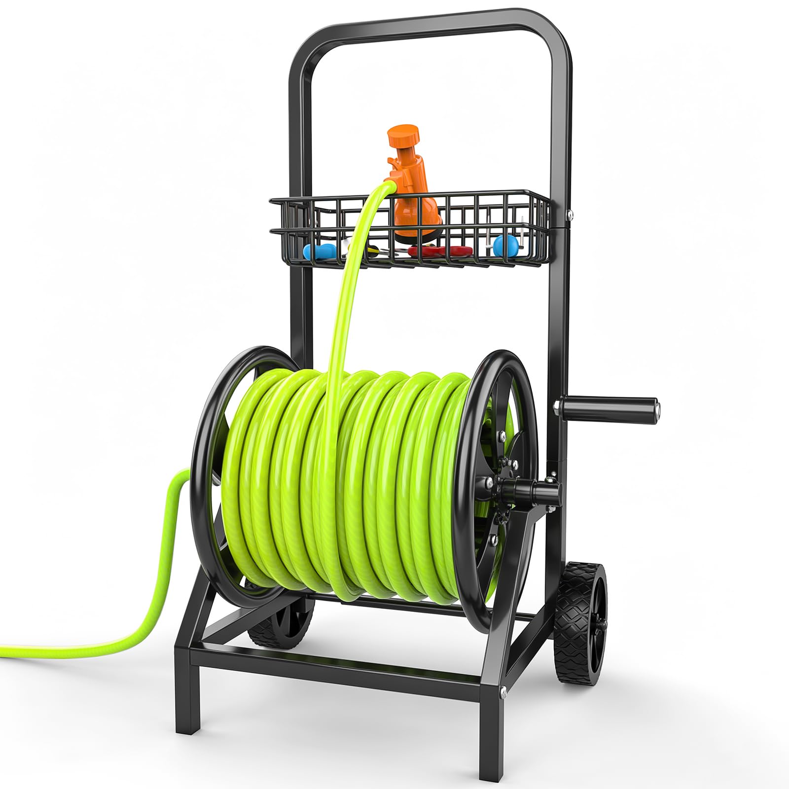 Photo 1 of Garden Hose Reel Cart, Heavy Duty Hose Reel with Wheels, Hold Up to 200 ft of 1/2’’ Hose, Mobile Hose Reel Cart for Outside, Metal Water Hose Reel with Storage Basket for Backyard, Garden, Lawn