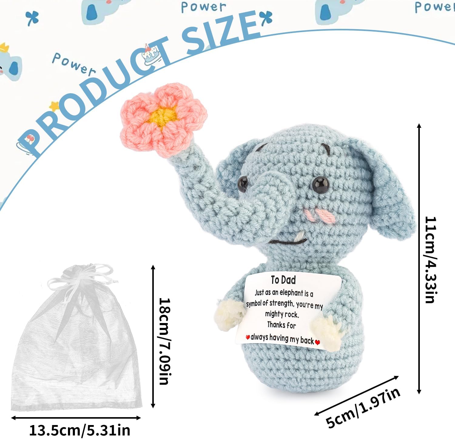 Crochet Animals Elephant with Message Card Birthday Gifts for Men Dad Great Litter Gift Handmade Small Stuffed Animals for Office Desk Decor Cute Stuff for Men Father's Day
