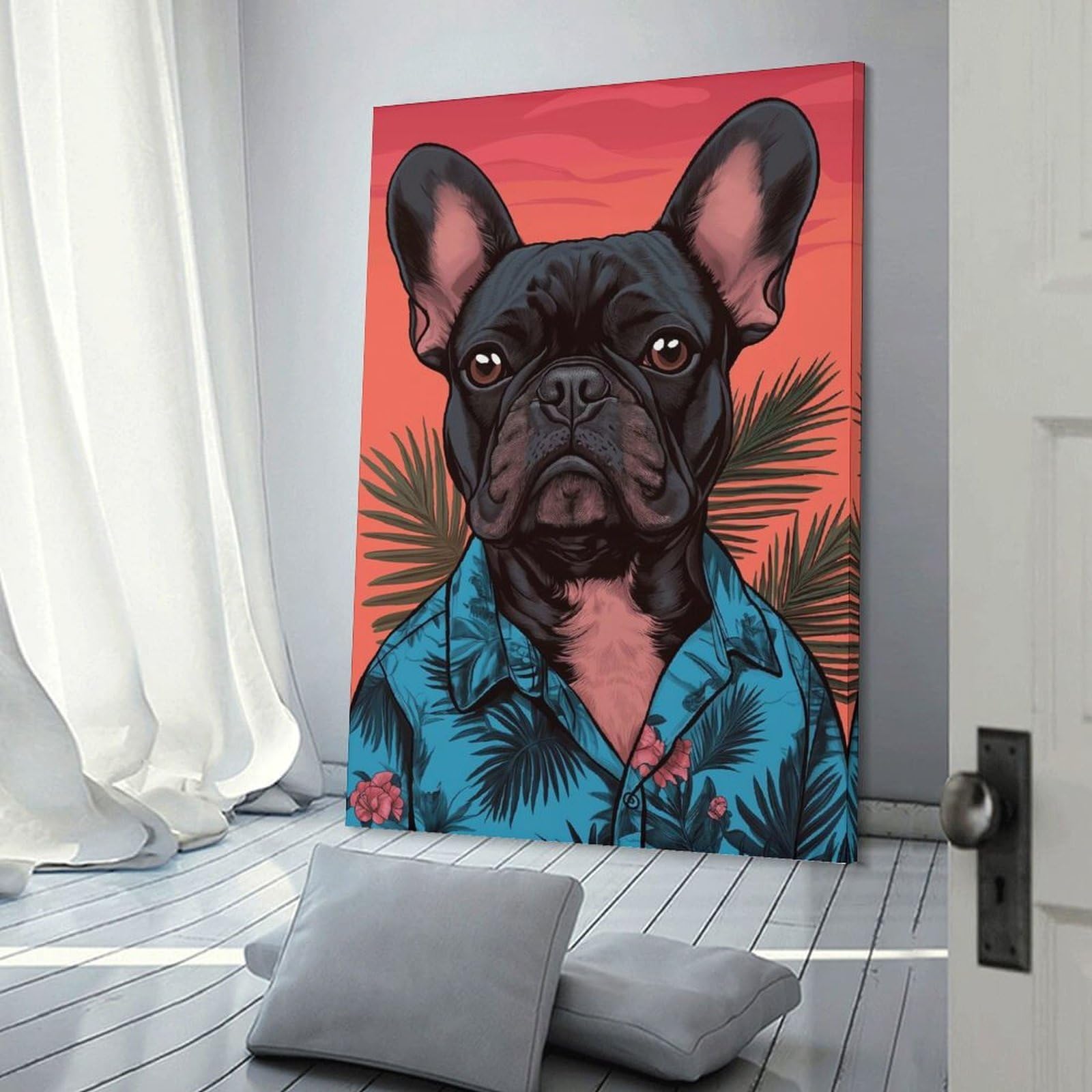 Junmoney French Bulldog in Hawaiian Shirt Wall Picture Print 24x36inch(60x90cm), for Home Walls, Creative Rooms Or Shared Spaces, Stylish Home Artwork for Focal Walls
