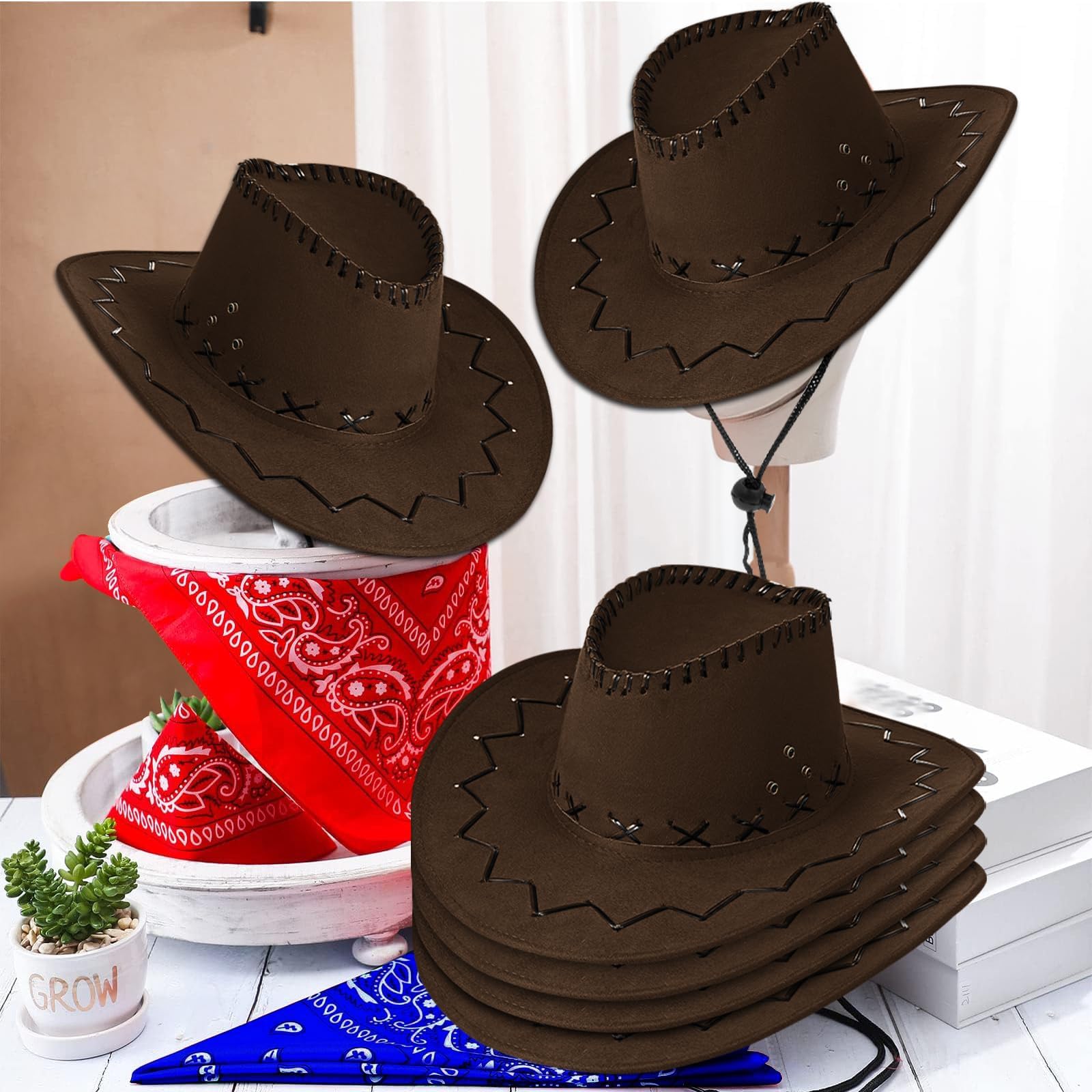 Set di 24 cappelli da cowboy per adulti – Cappello western con tesa larga in finta pelle scamosciata, cappello da cowboy, set da festa con 12 bandane e cordoncino regolabile per uomini e donne