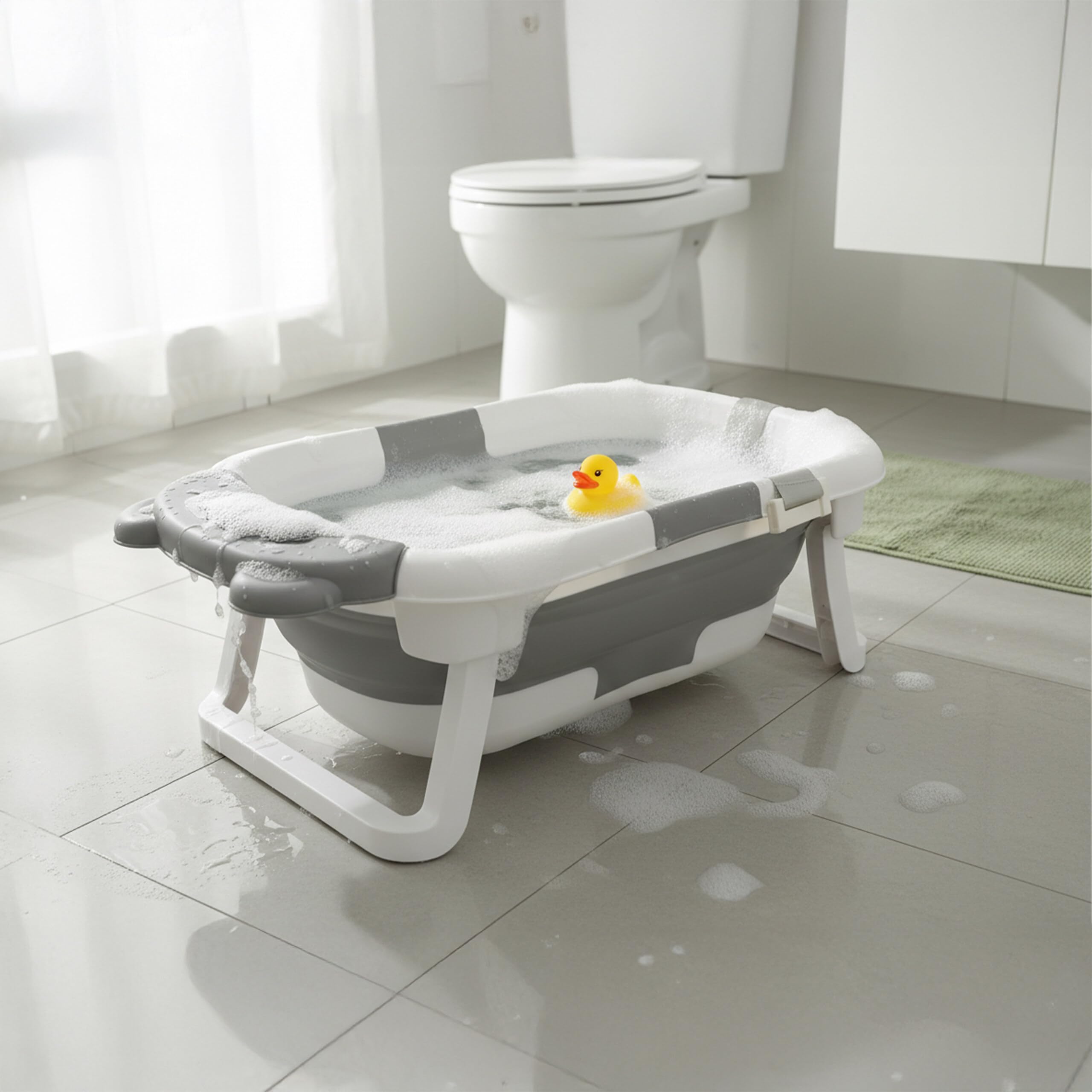 Relaxdays vaschetta da bagno pieghevole con cuscino morbido, crema e grigio
