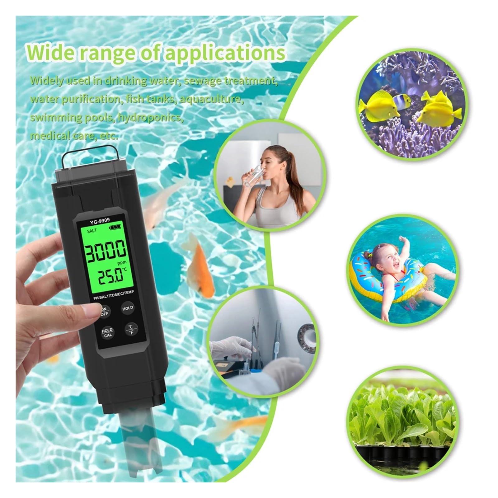 Penna Tester Digitale 5 in 1 for La qualità Del'acqua, Salinità, PH, Temperatura, EC E TDS, for Acqua Potabile, Idroponica, Acquari, Piscine Rilevamento Rapido E Preciso