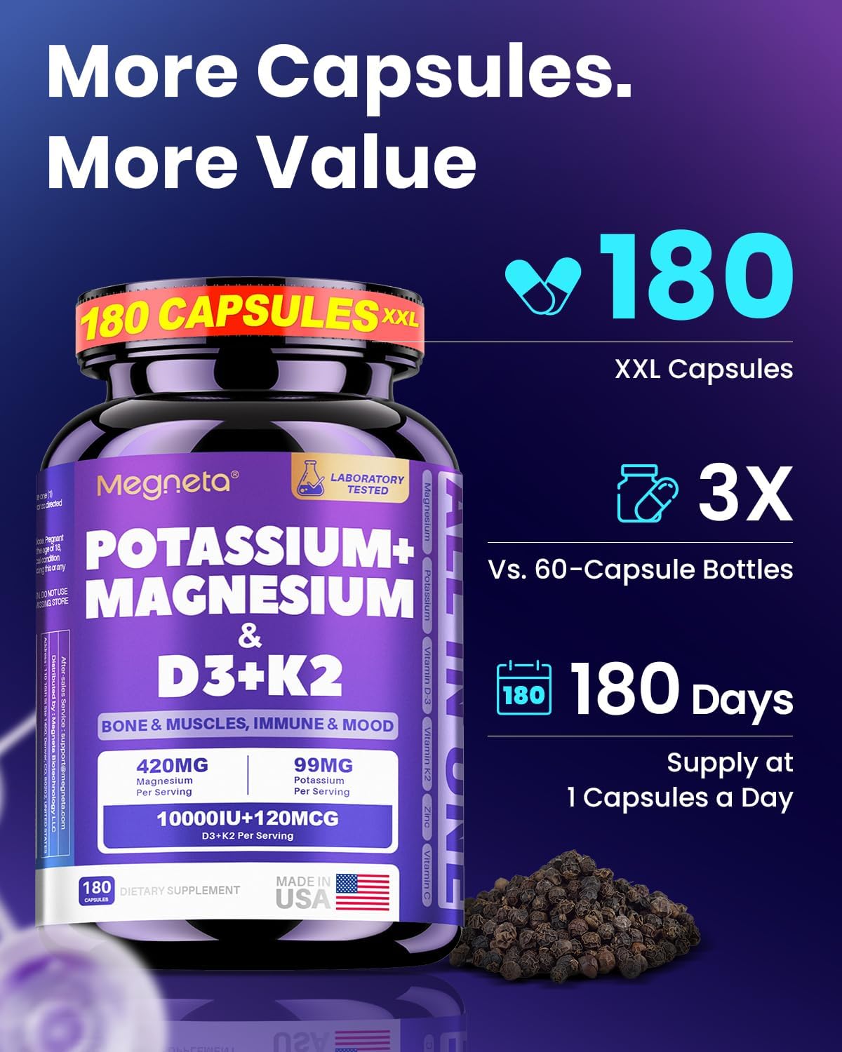 180 Capsules Vitamin D3 10000IU K2 MK-7 Potassium Magnesium Supplement - High-Potency Synergistic Complex for Bone, Heart, Immune Health, Mood Balance & Energy Support