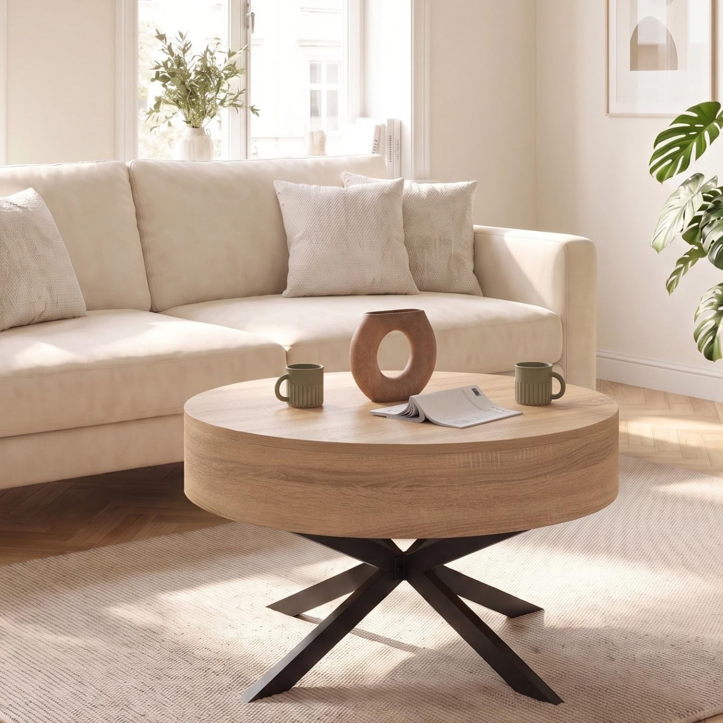 IDMarket - Couchtisch, klappbar, rund, Alix, Holz und Schwarz