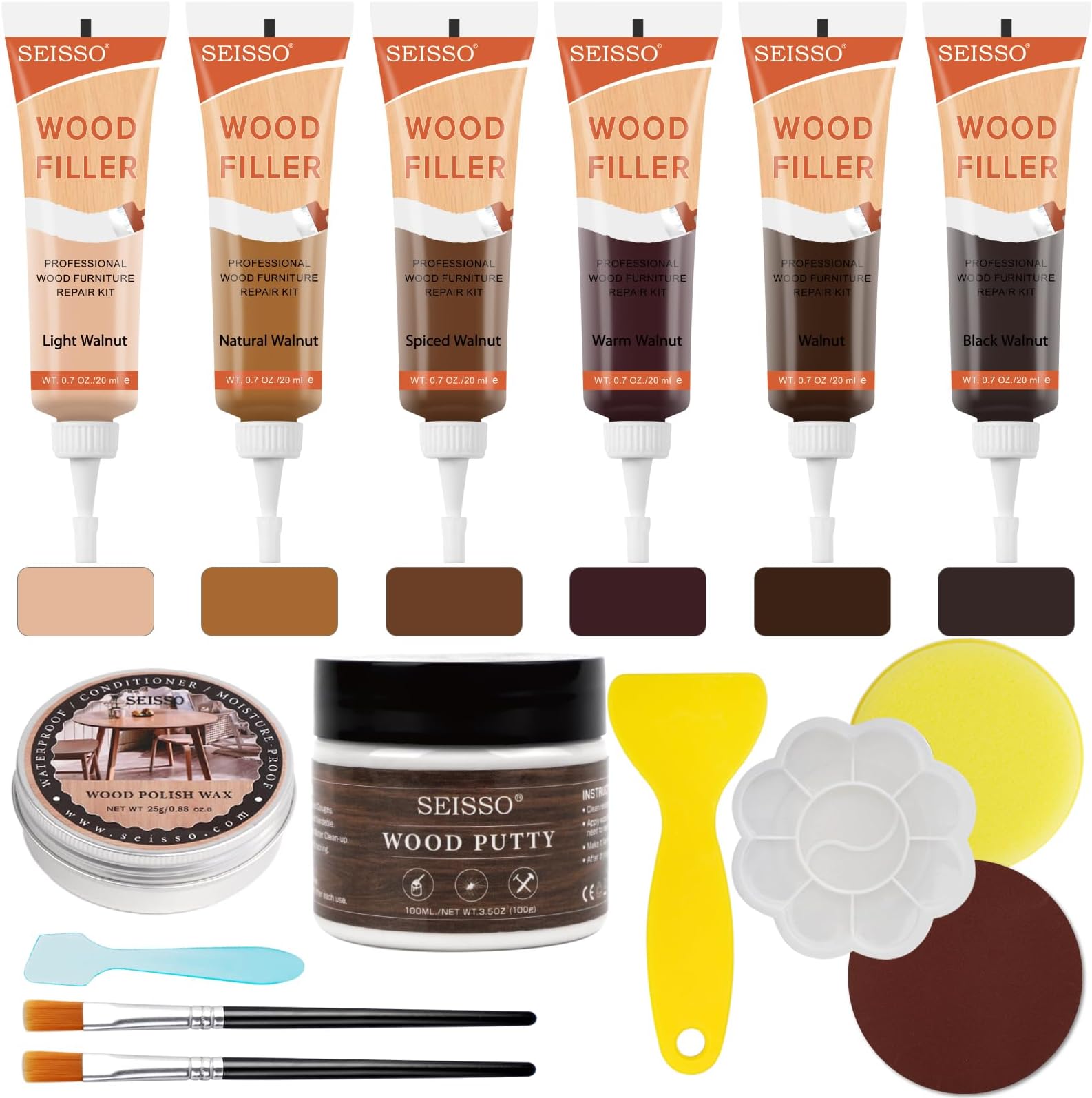 Walnut Wood Furniture Repair Kit, 6 Colors Wood Filler with Wood Putty, Wood Polish