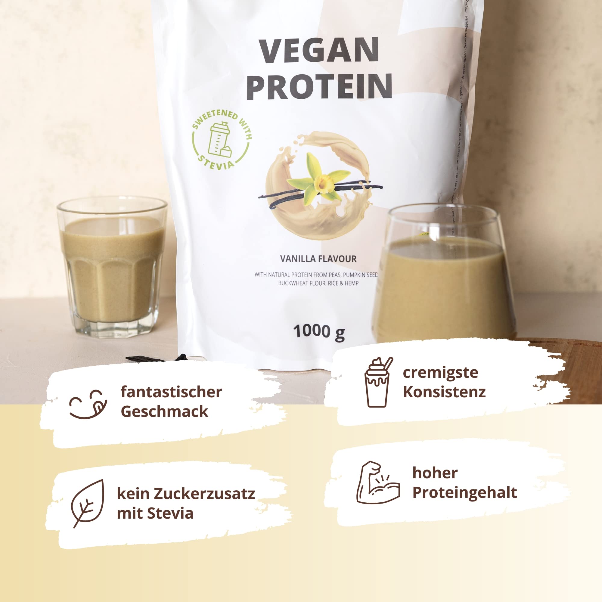 Nutri + Vegan Protein Vanille 1 kg - Veganes Proteinpulver ohne Sucralose + Soja - Eiweißpulver aus Reis, Erbsen, Hanf, Buchweizen und Kürbiskernen