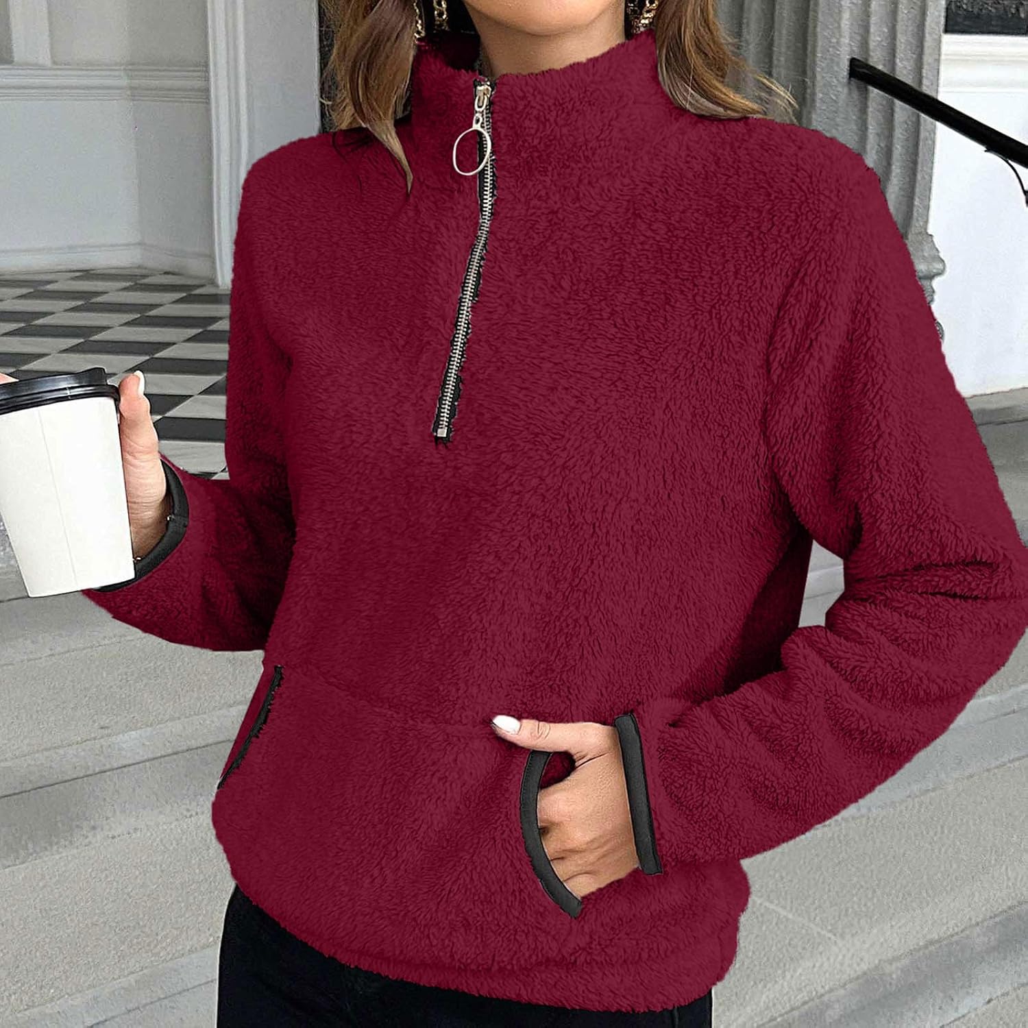 Women's Fuzzy Fleece Hooded Cardigan Sherpa Fluffy Hoodie Jacket Winter Open Front Coat Outwear Outerwear with Pockets