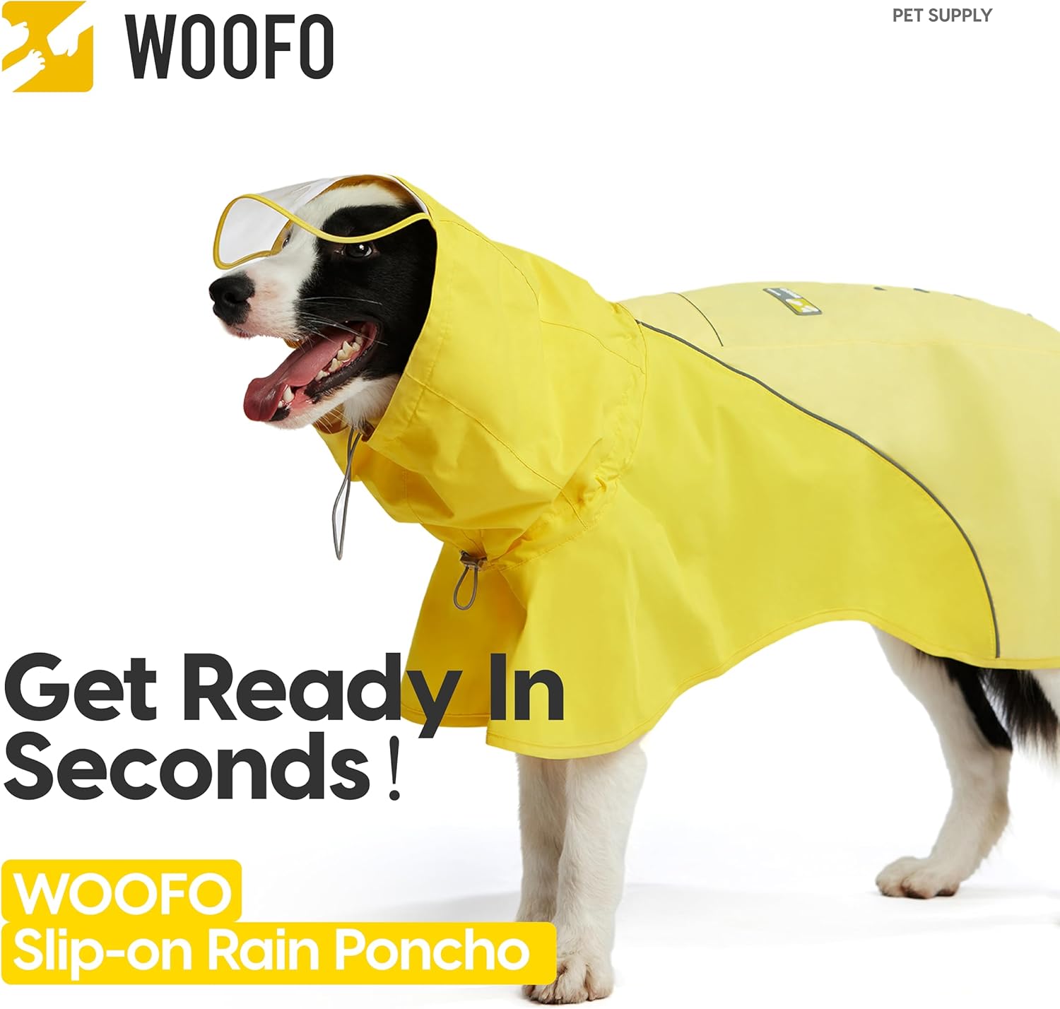 Slip-On Dog Rain Poncho, Quick&Easy to Wear Dog Raincoat, Unrestricted, Super Lightweight&Waterproof Rain Jacket for All Breeds, Adjustable and Reflective (Yellow, 2XL)