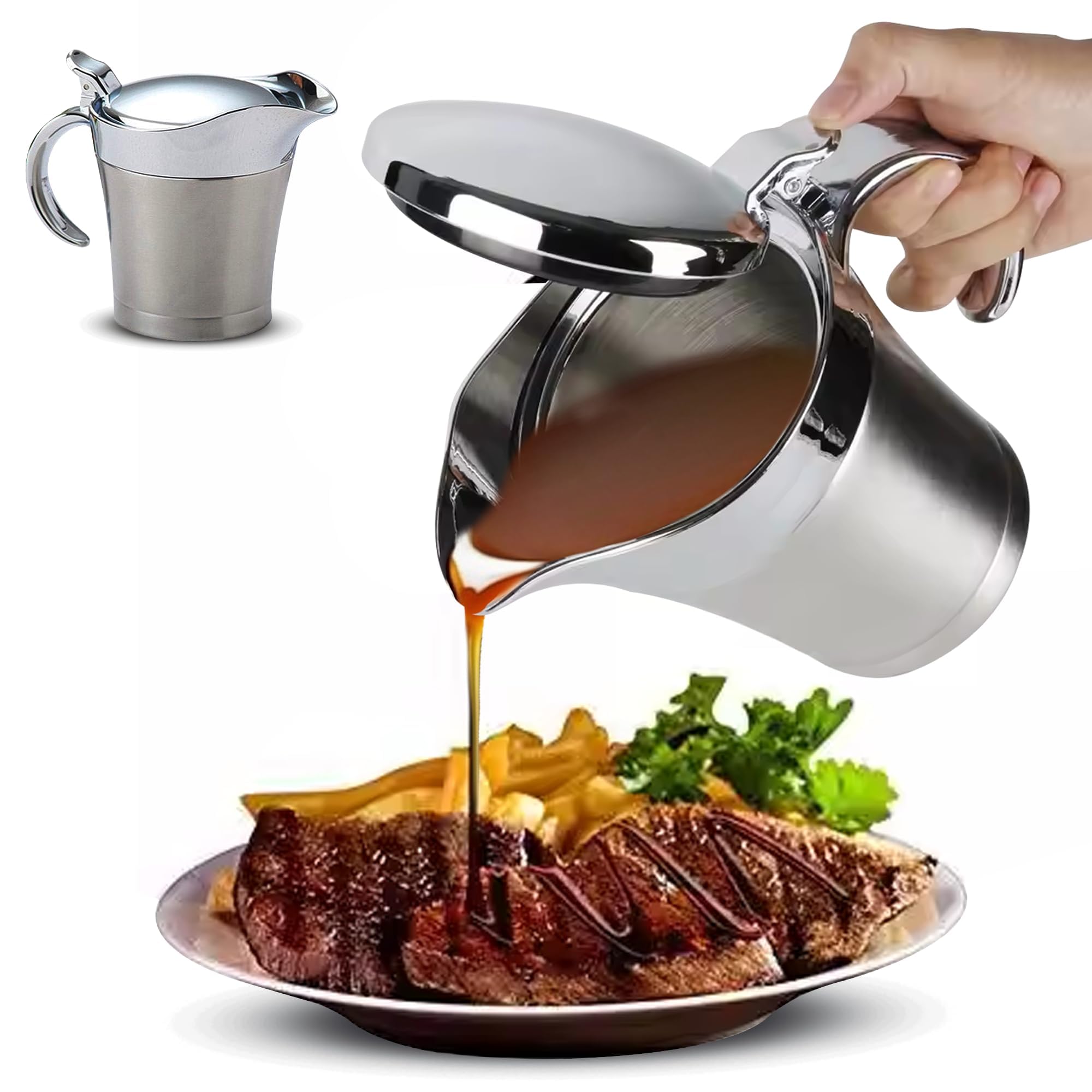 750Ml Salsera de Acero Inoxidable de Doble Pared,Recipiente Aislado para Salsas con Tapa,Calentador de Salsas,Mantiene la Comida Caliente o Fría,Salseras para Salsa,Natillas o Crema, Salsa