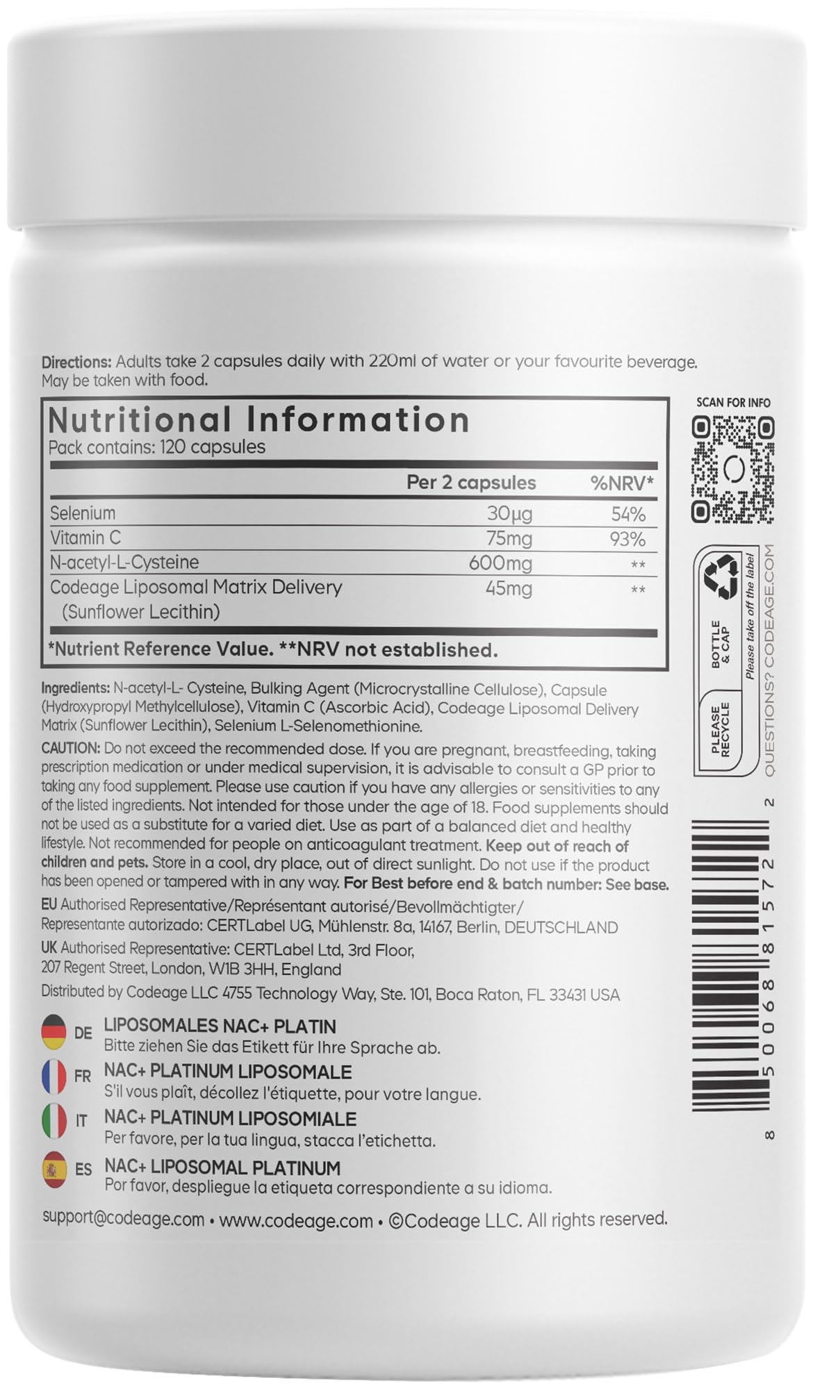 Codeage Liposomales Nac+ Platinum — N-Acetyl-L-Cystein Mit Vitamin C, Selen Und Liposomaler Verabreichungsmatrix — Veganes Nahrungsergänzungsmittel — Gentechnikfrei, Glutenfrei — 120 Kapseln