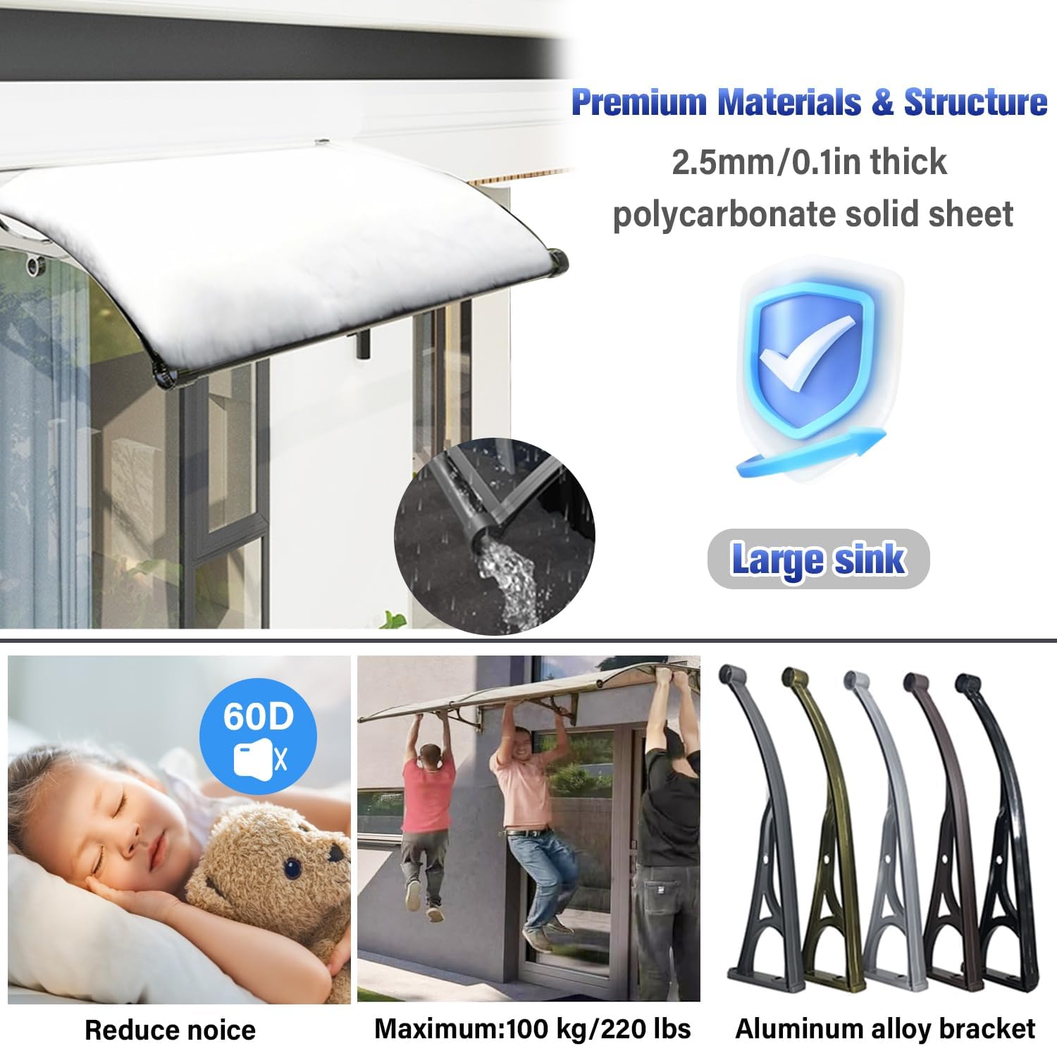 Awning for Door Entrance, Aluminum Window Awnings Exterior for Doors Canopy, Polycarbonate Cover Outdoor Front Doors UV/Rain/Snow Protection, Easy to Install, Gray Board (24x44in)