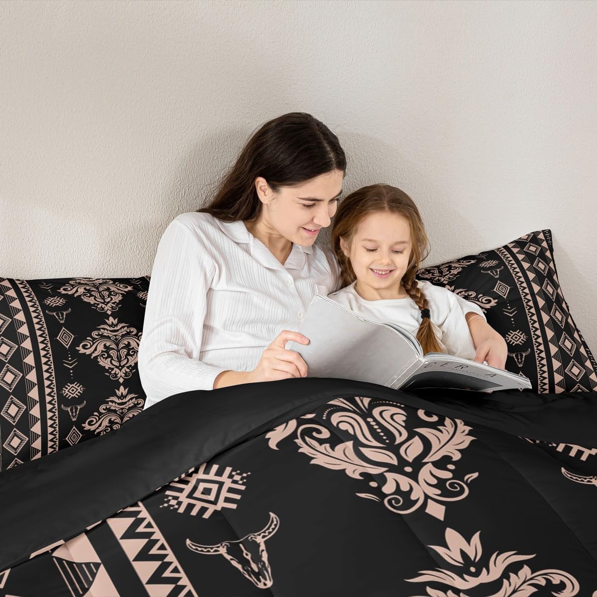 Erosebridal Western Damask Bedding Set King Size, Boho Aztec Comforter Set, Exotic Native Duvet Insert for Men Teens Bedroom Decor, Vintage Victorian Baroque Quilt, Black