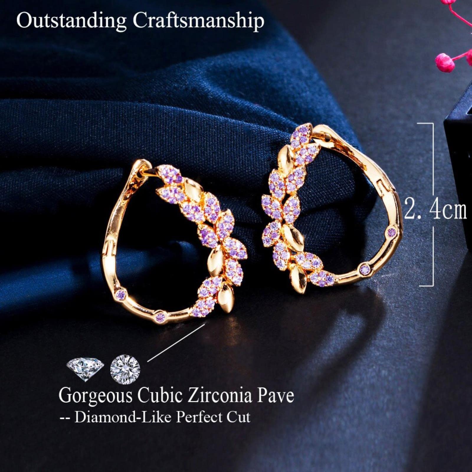 Orecchini a cerchio con micro intarsi di zirconi viola e pietre CZ in oro, eleganti gioielli da donna alla moda for tutti i giorni