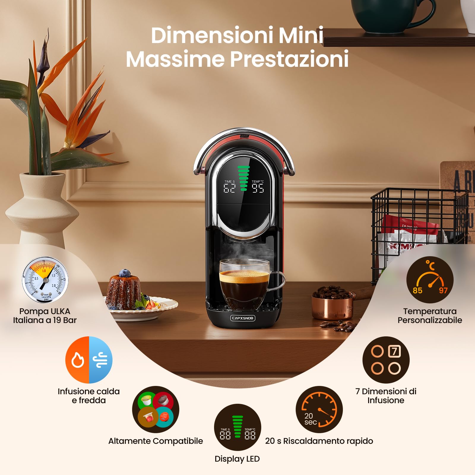 Magician1 Mini Macchina da Caffè Cialde 5in1 per Nespresso Originali, Dolce Gusto, Lavazza A Modo Mio, ESE 44 Cialde e Caffè Macinato, 20 Bar, 1450W, Display LED, Acqua Regolabili 7 Livelli (Rosso)