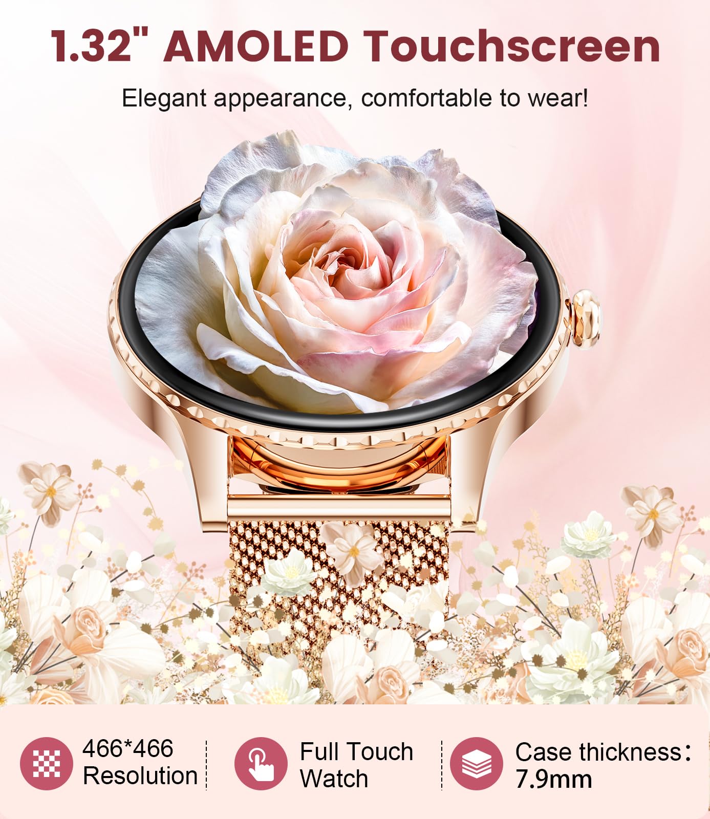 Montre Connectée Ultra-Fine 7,99 mm pour Femme, 1.32" AMOLED Smartwatch avec Appel Bluetooth pour Android iOS, IP68 Étanche, 270+ Cadrans, Fréquence Cardiaque/Sommeil, Or Rose