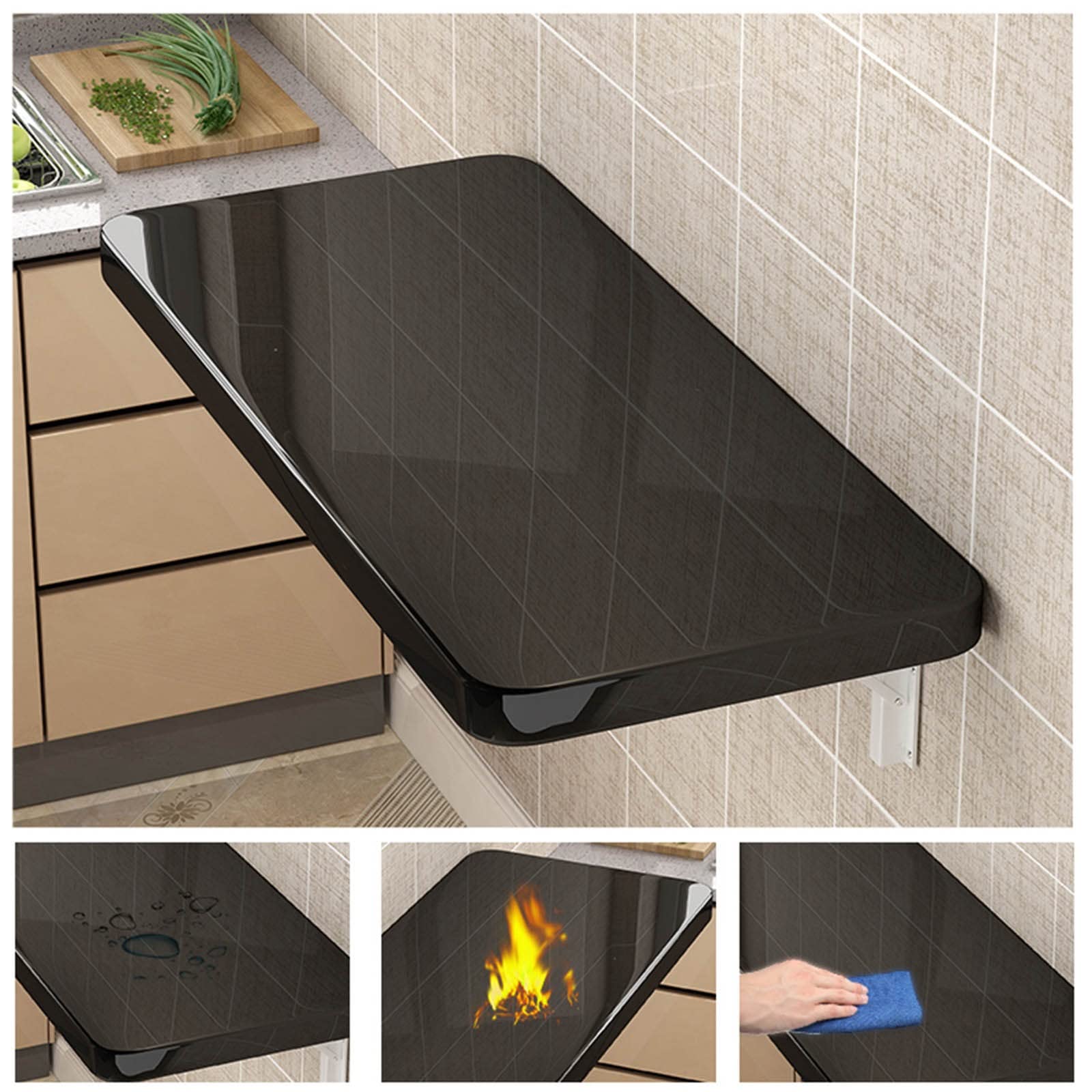 Mesa plegable montada en la pared de madera maciza resistente para comedor y trabajo de 31 pulgadas, mesa plegable negra para cocina, lavandería, hogar, bar, soluciones de ahorro de espacio