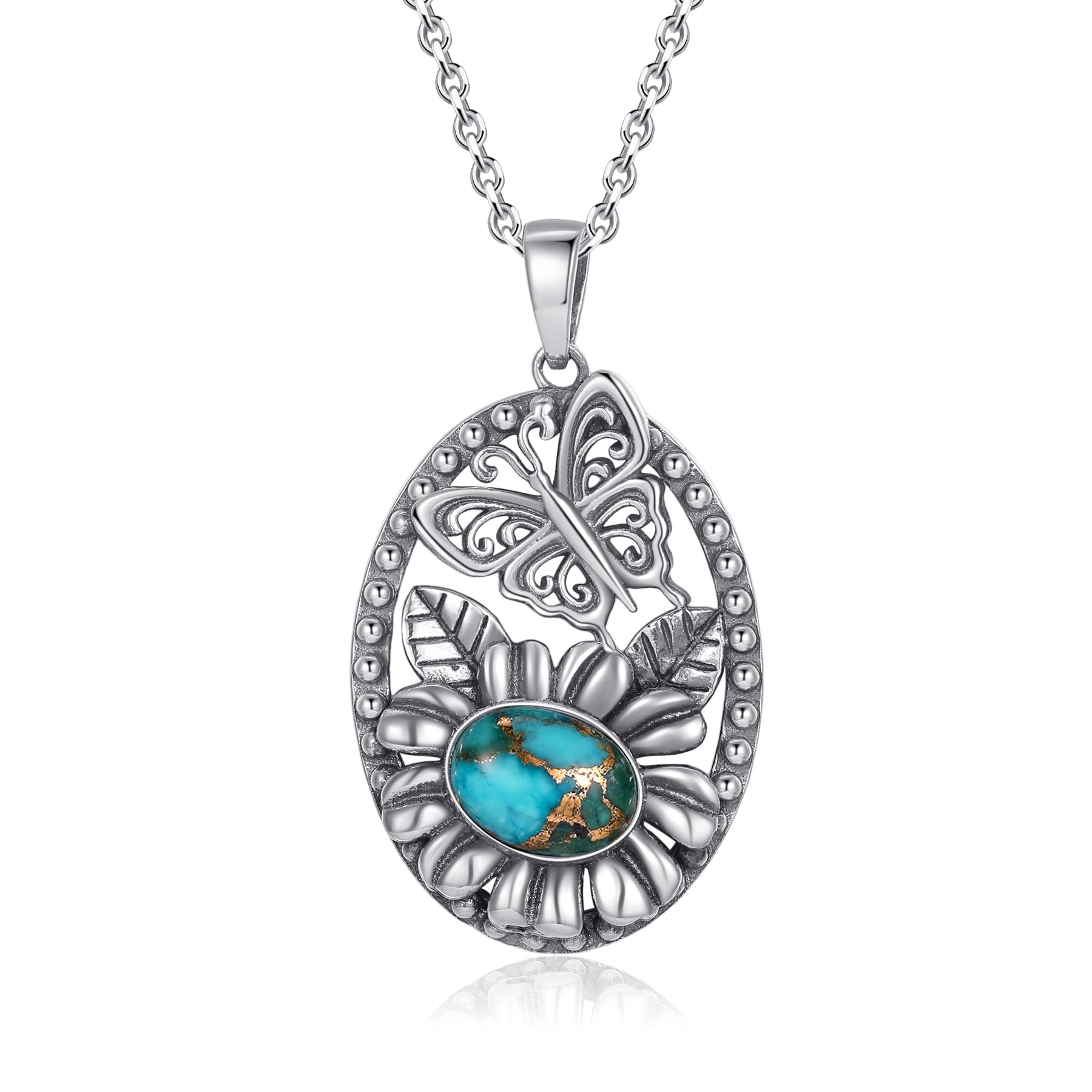 Turquoise Necklace for Women 925 Sterling Silver Butterfly and Flower Necklaces Vintage Oval Turquoise/Opal Pendant Necklace for Girls Valentines Gifts