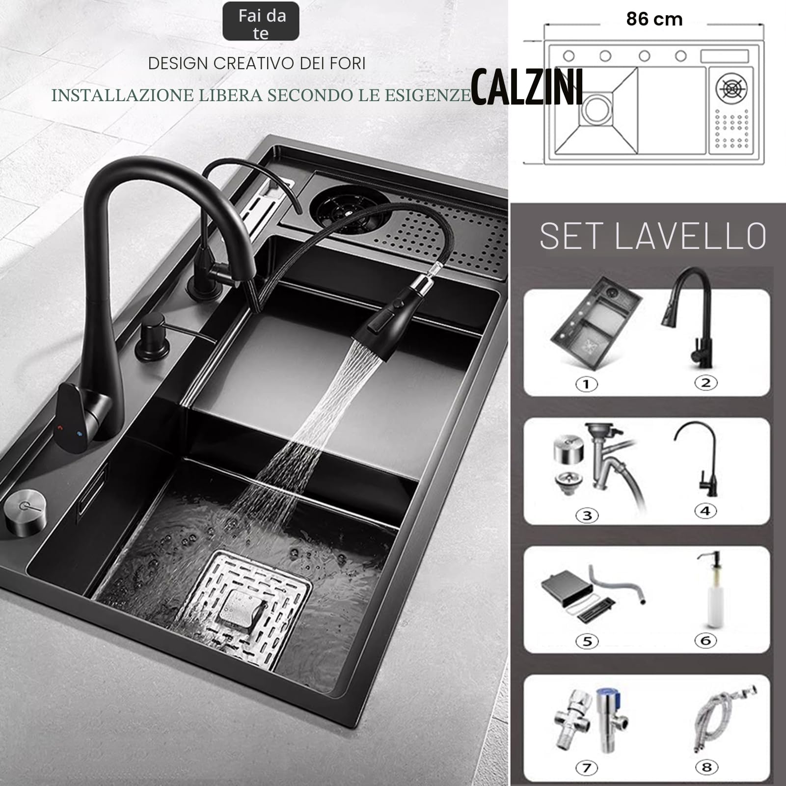 Lavello da cucina, 86 x 50 cm, 1 vasca, con gradino, lavello nano nero, in acciaio inox, multifunzione, con rubinetto da cucina estensibile 3 in 1, dispenser di sapone, sifone, pulsante di controllo