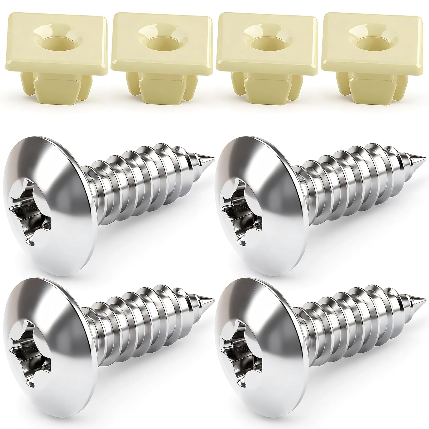 Silver Stainless Steel License Plate Screws with Nylon Inserts - Secure Front & Rear Plates, Frames & Covers - Rust-Proof Fastener Kit Fits Most US Cars, Trucks, SUVs (4-Pack)