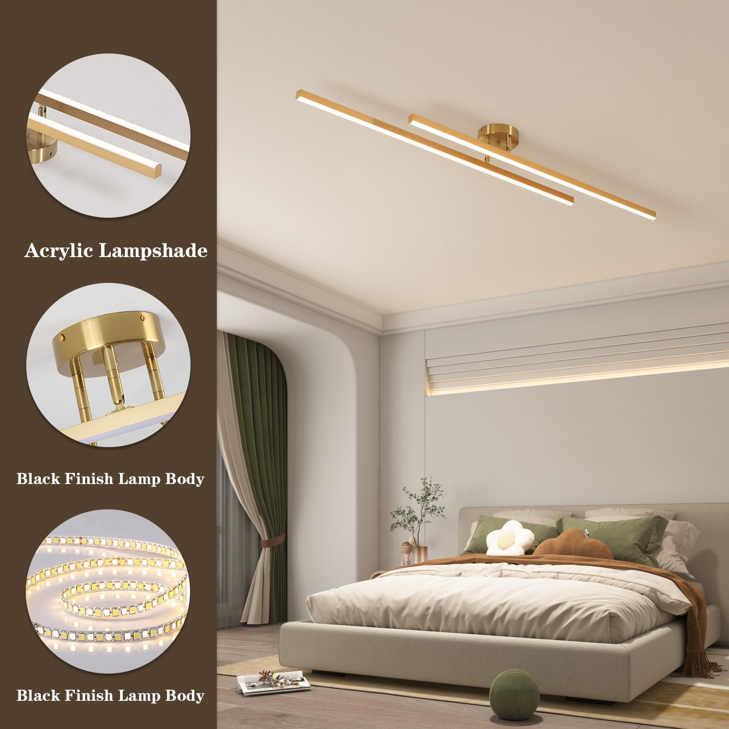 Gold Modern Sputnik Chandelier Ceiling Light Fixtures,2-Lights Industrial Metal Semi Flush Mount Ceiling Light for Bedroom Dining Room Living Room Kitchen Hallway(Gold, 2 Head)