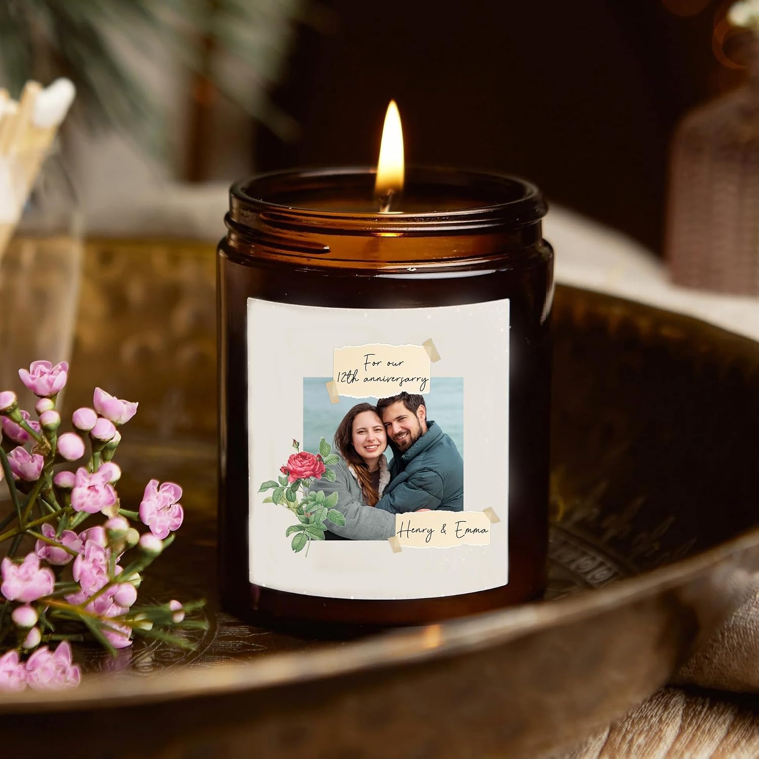 Personalized Photo Anniversary Candle for Friend, Girlfriend, Women, Men, Mom, Dad, Sister, Wife on Wedding, Love Ceremony - Happy Anniversary Candle with Messages